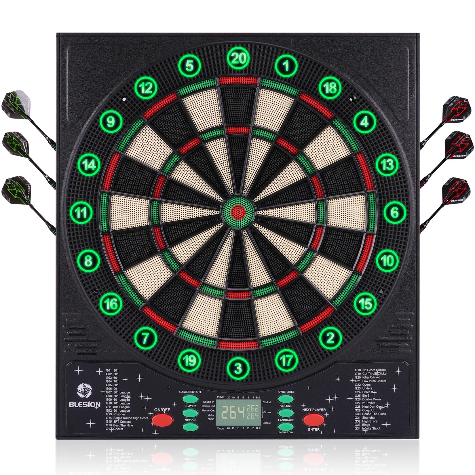 Belsion Jeu de Fléchettes Électronique avec Cible Lumière Colorée, 6 Fléchettes Pointe Plastique, 50 Pointes Souples