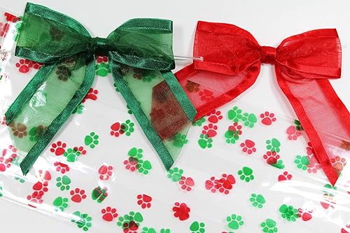 Miniatura 2 de Saybrook Products Bolsas navideñas de celofán con lazo de organza con lazo de organza con estampado de patas de perro, juego de 10 bolsas reforzadas