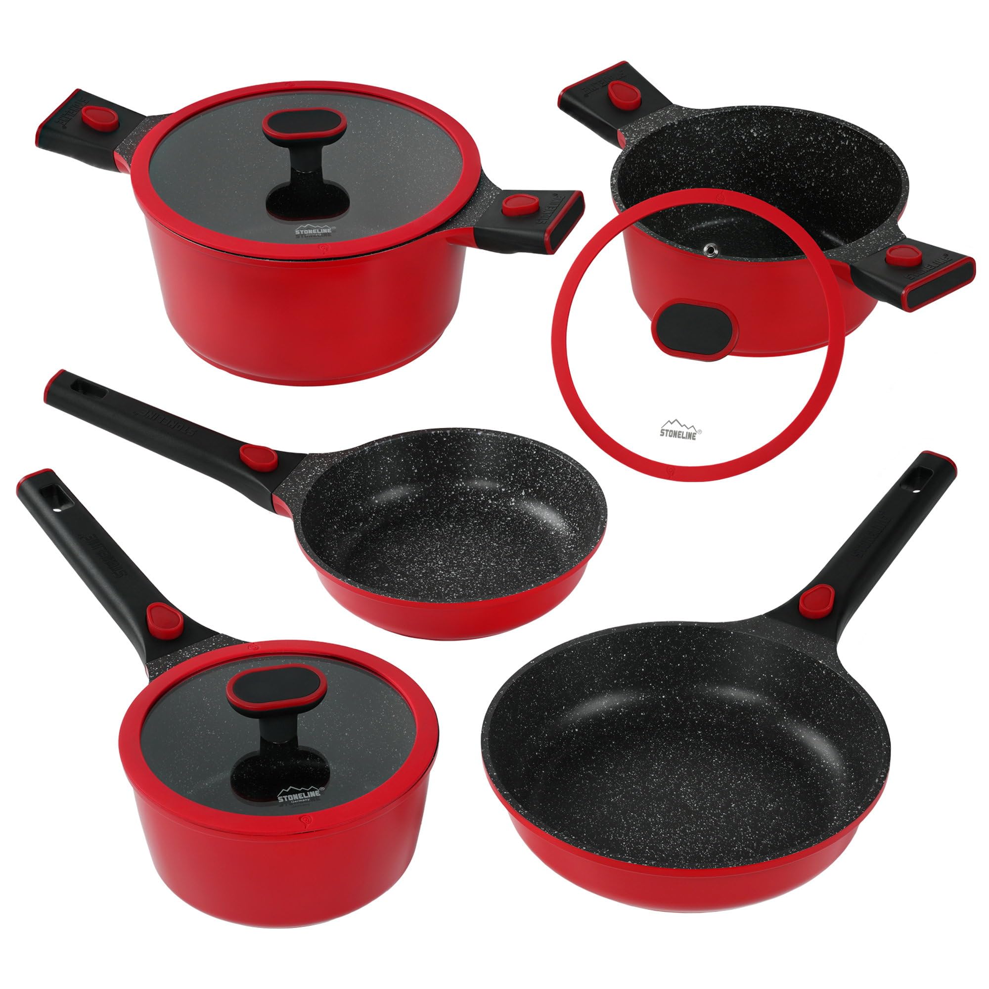 STONELINE SMART Pfannen Töpfe Set 8-teilig ☆ REDESIGN 25/26 ☆ Aluguss Topfset mit Deckel, Abnehmbarer Griff, Kochtopf Pfanne Induktion, Alle Herdarten, Antihaftbeschichtet Echte Steinpartikel, Rot