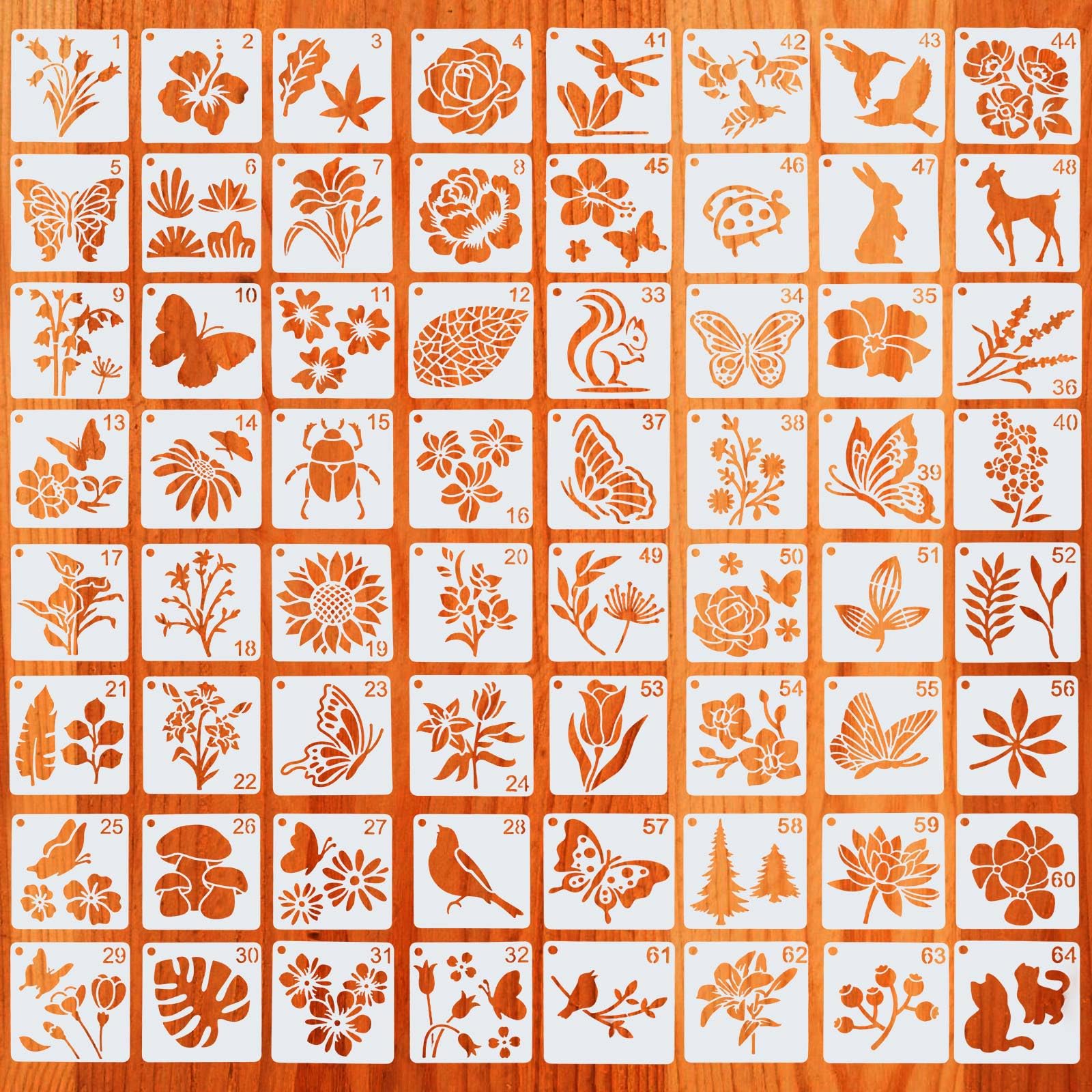 64pcs Flower Stencils for Painting, 3x3 Inch Reusable Animal Templates Funny Floral Stencils for Painting on Wood for Kids & Adults DIY Art Projects