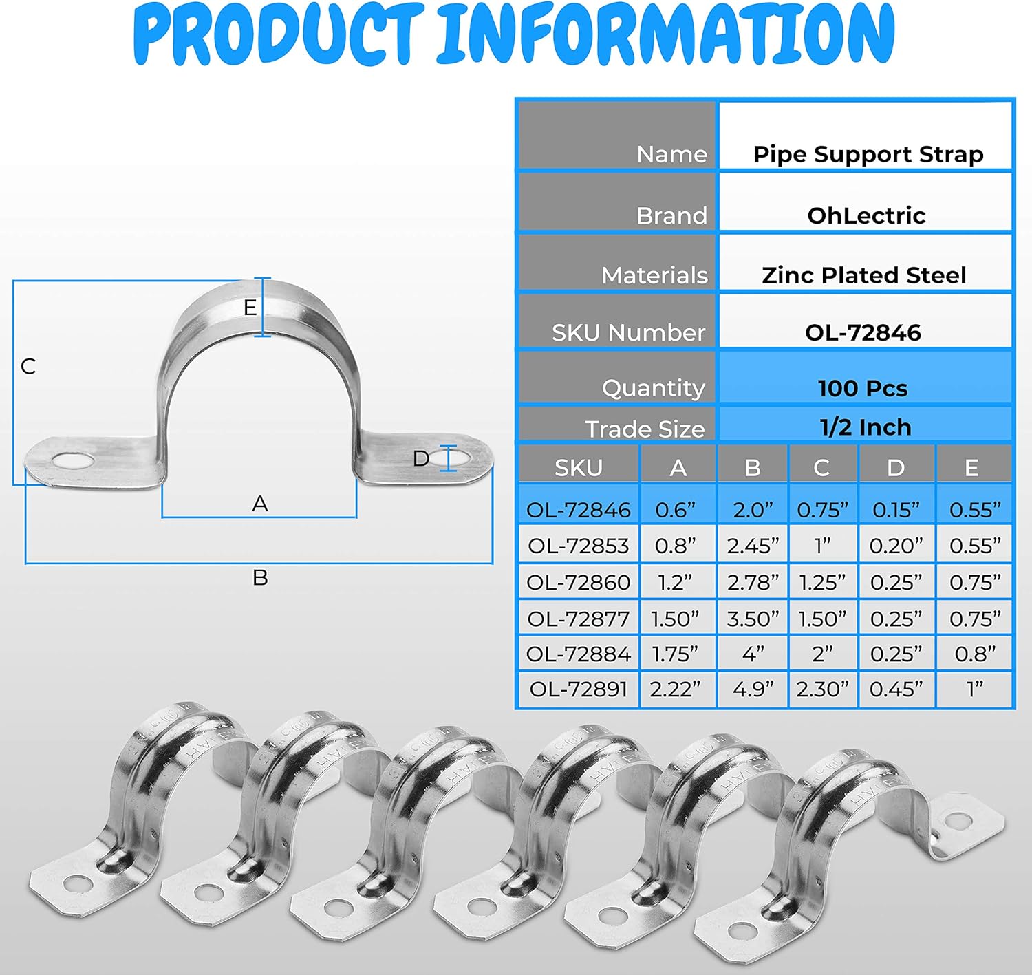 OHLECTRIC Heavy Duty Pipe Strap (100 Pack - ½ Inch) Stainless Steel Conduit Clamps, 2 Hole Steel EMT Pipe Strap U Bracket, Zinc Coated Tension Tube Clip, Metal Pipe Clamp for EMT Conduits