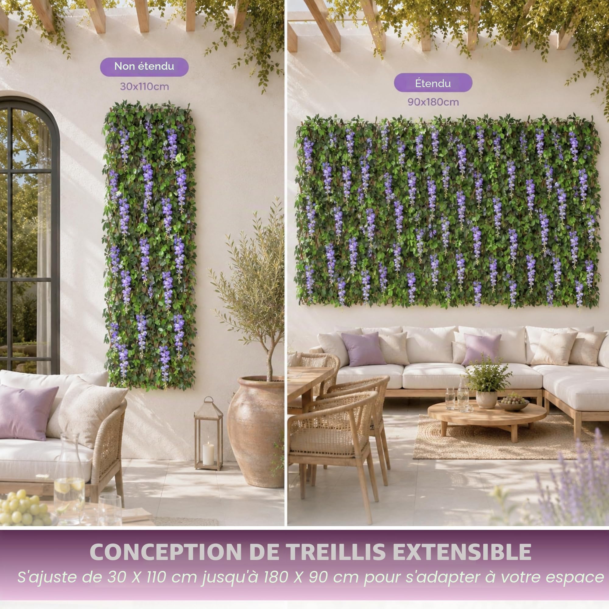 Garden Mile Treillis Feuilles et Fleurs de Glycine Artificielle Violette, Panneau pour Printemps et Été, Décoration de Jardin Grimpante