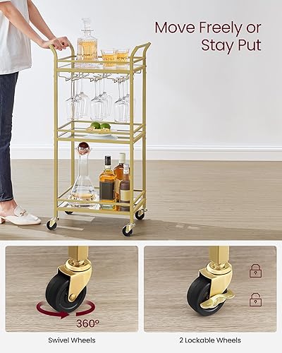 Miniatura 7 de VASAGLE Carrito de bar, carrito de servicio de bar en casa, carrito de servicio de bar pequeño con estante de 3 niveles, soportes para vino,