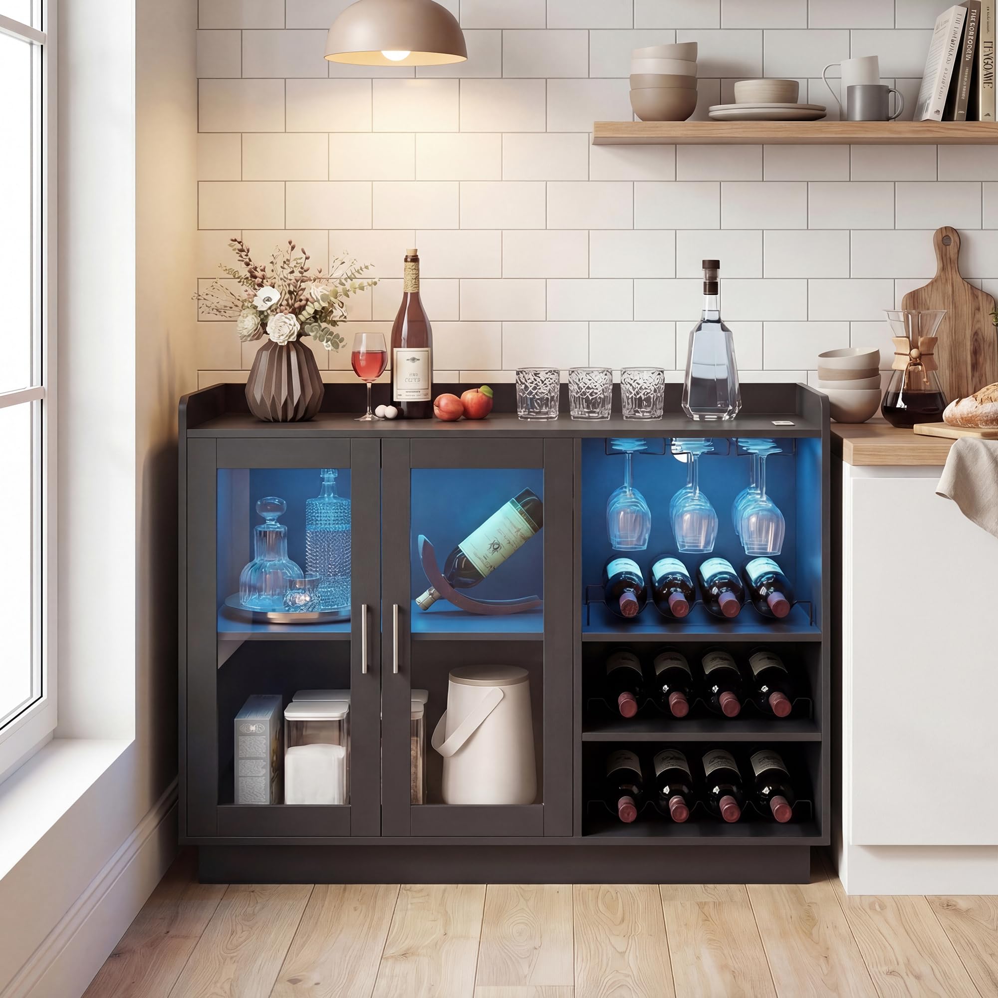HOMCOM Mobile Portabottiglie con Luci LED RGB e Porta Bottiglie da 12, Cantinetta con Ante Soft Close in Vetro e Ripiano Regolabile per Sala da Pranzo, Cucina e Casa Nero