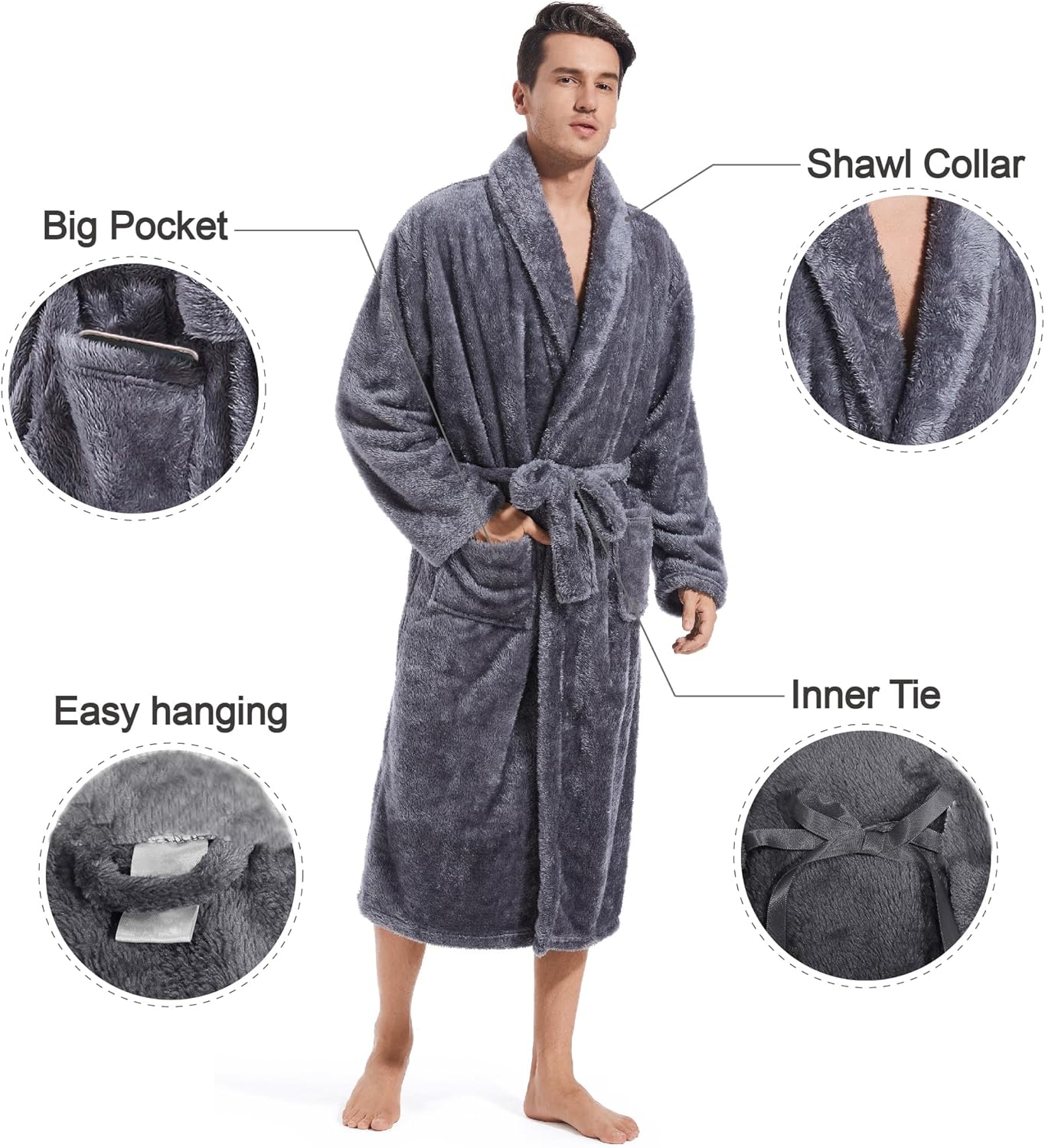 Inner Wish Mens Plush Fleece Robe, Cozy Warm Bathrobe Fuzzy Male Spa Long Robe With Pockets (DARK GREY) - Image 6