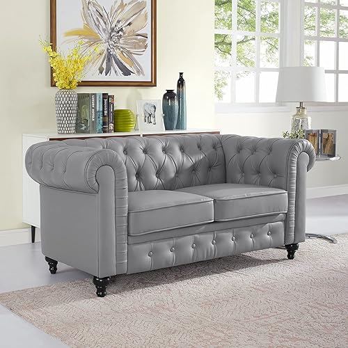 Miniatura 5 de Naomi Home Emery Chesterfield - Sofá biplaza y silla decorativa con brazos enrollados, cojines copetudos, patas de madera maciza, asiento profundo,