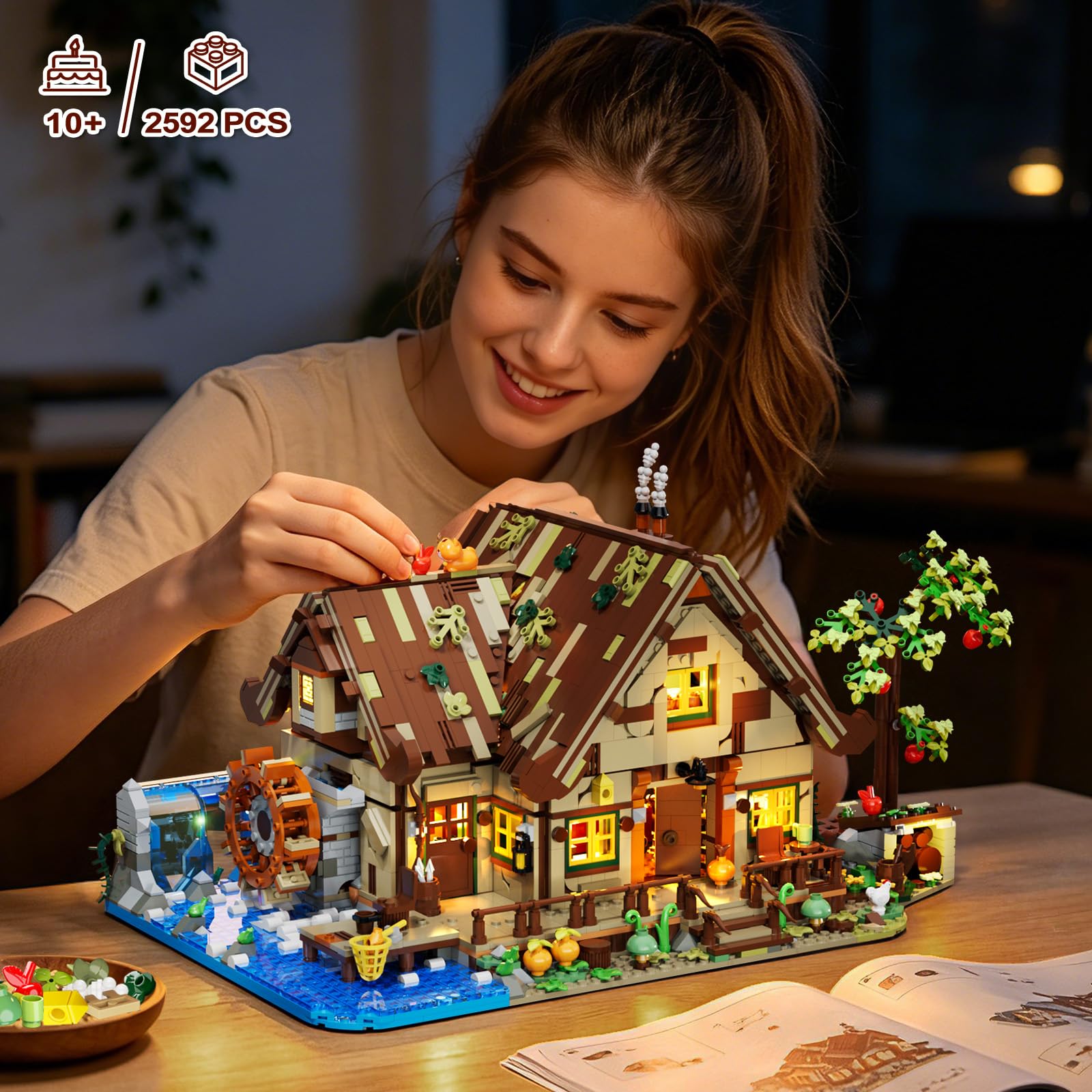 INSOON Jeu de Construction Maison en Bois avec lumières Adultes | Mini briques de construction, chalet forestier avec animaux, modèle décoratif pour maison et bureau, cadeau femmes hommes