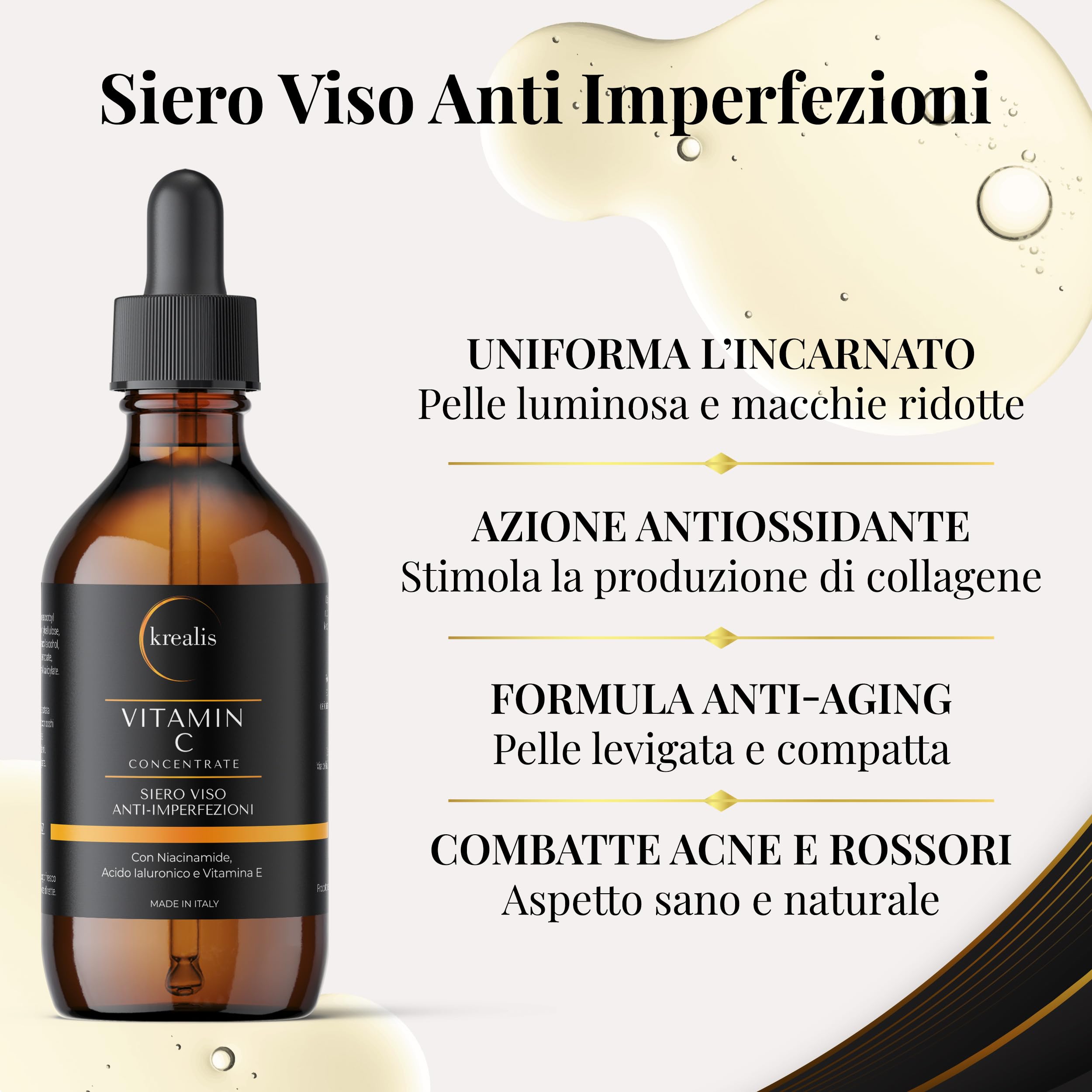 KREALIS •100ml• Siero Vitamina C Viso Acido Ialuronico con Niacinamide, Vitamina E, Aloe Bio, Antimacchia, Anti Imperfezioni, Siero Viso Contorno Occhi Antirughe E Occhiaie