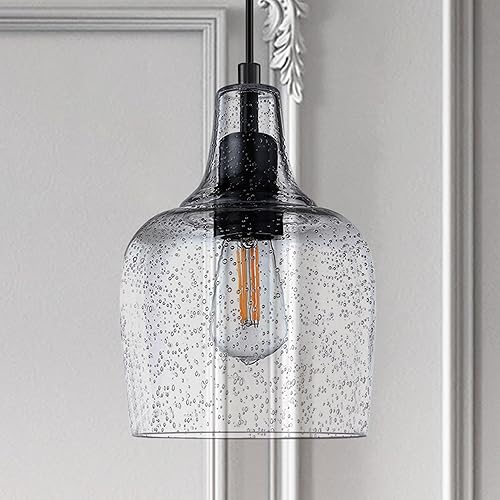 Miniatura 3 de Paquete de 2 lámparas colgantes para isla de cocina para interiores, 6.1 pulgadas, lámparas colgantes de vidrio sembrado transparente, acabado