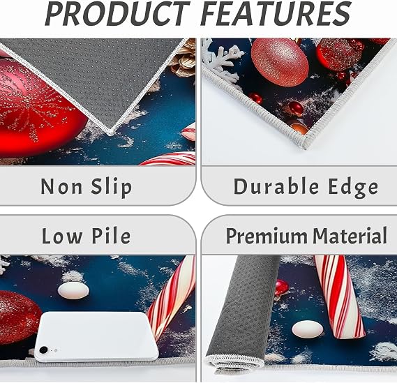 Snowflakes Candy Canes Kitchen Floor Mats, 2 Pcs Stain-Resistant Set, Absorbent Quick Drying, Non-Slip Kitchen Carpets Rugs, Christmas Theme Runners Mat (Dark Blue, 40X60Cm+40X120Cm)