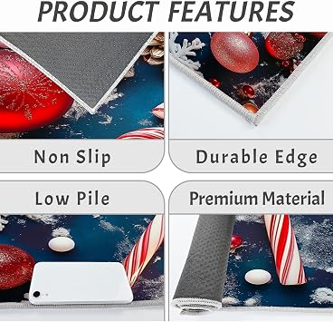 Snowflakes Candy Canes Kitchen Floor Mats, 2 Pcs Stain-Resistant Set, Absorbent Quick Drying, Non-Slip Kitchen Carpets Rugs, Christmas Theme Runners Mat (Dark Blue, 40X60Cm+40X120Cm)