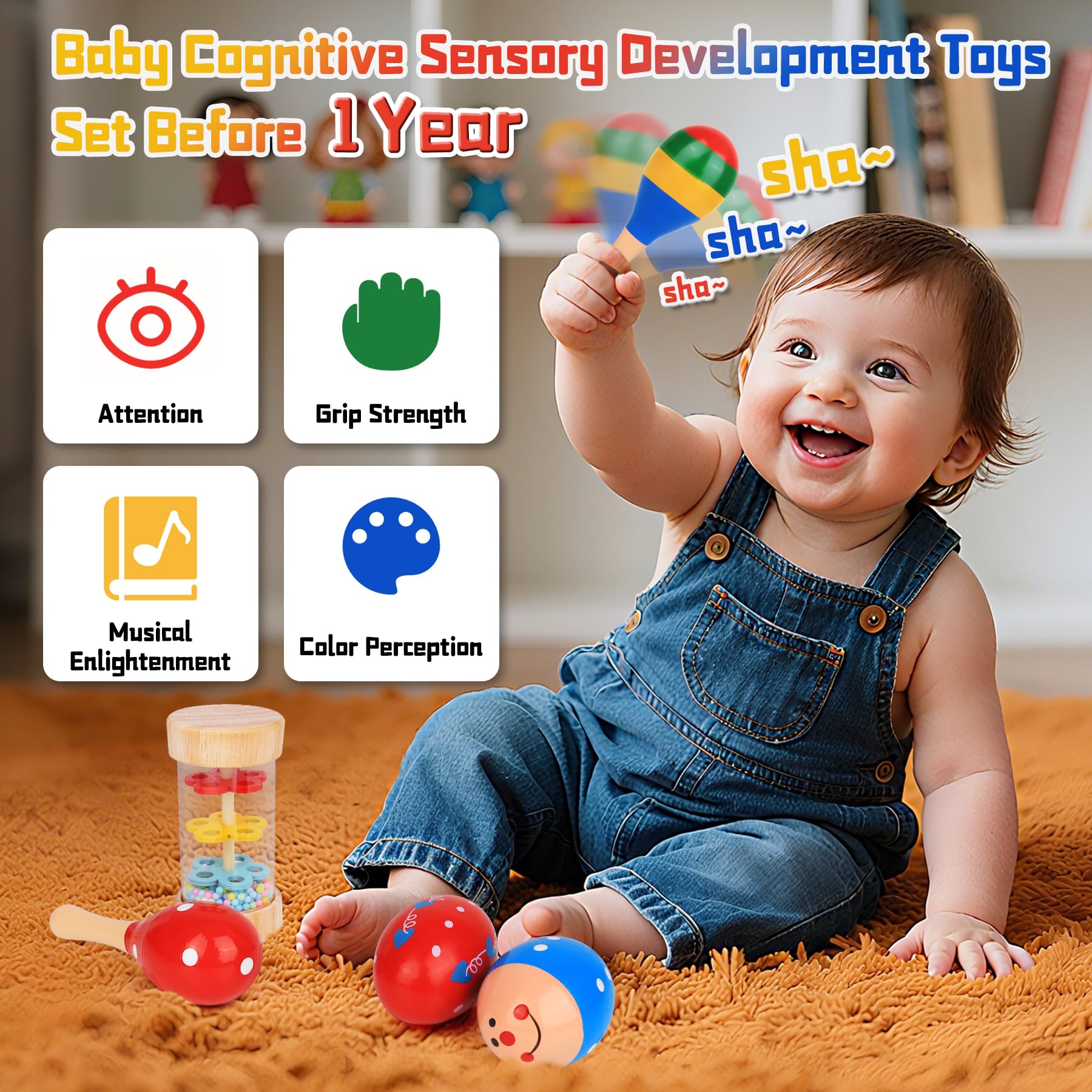 Wooden Baby Toys, 5PCS Mini Wooden Maracas Egg Shaker and Rain Stick Rattles Musical Toys for Babies Over 6 Months - Image 2