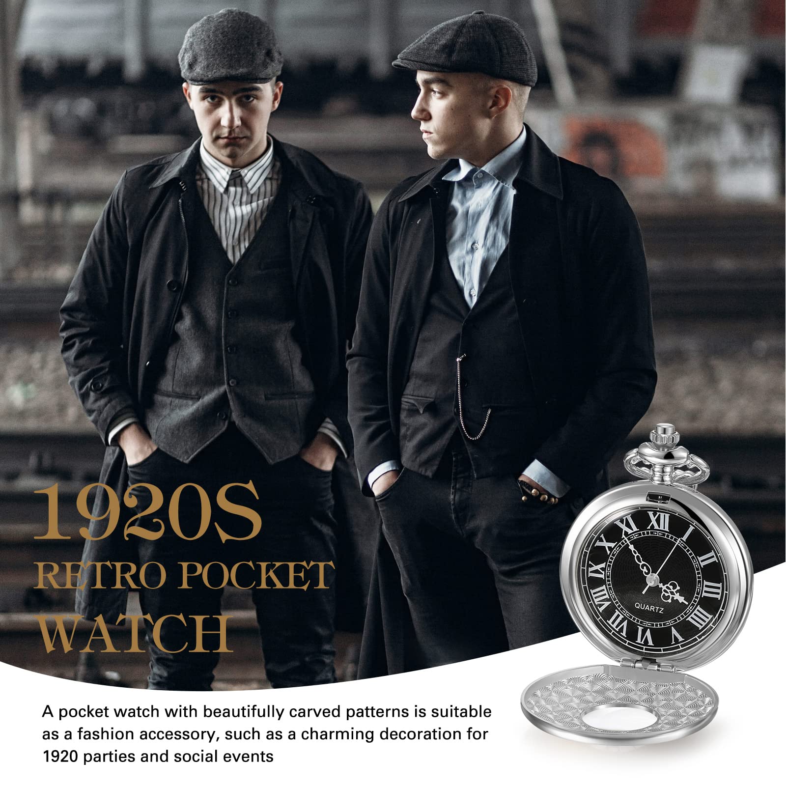 Reloj de Bolsillo, Reloj de Bolsillo Vintage Liso con Cadena números Romanos Reloj Antiguo for Hombres Mujeres papá cumpleaños Aniversario día(Silver)