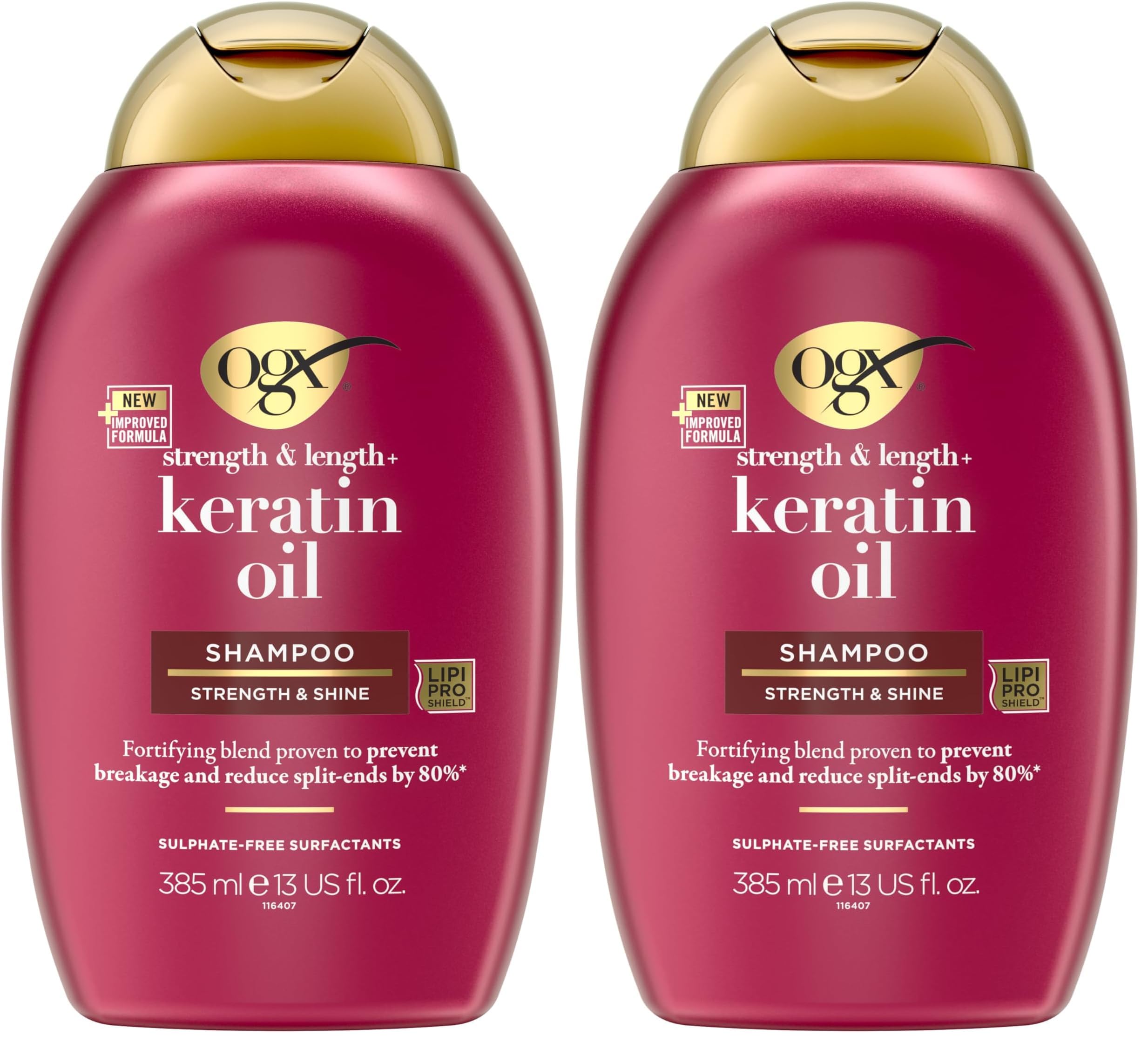 OGX Keratin Oil Shampoo (385 ml) - Kräftigendes Anti-Haarbruch Shampoo Mit Keratin Öl für Strapaziertes Haar, Verhindert Nachweislich Haarbruch Und Reduziert Spliss Um Bis Zu 80% (Packung mit 2)