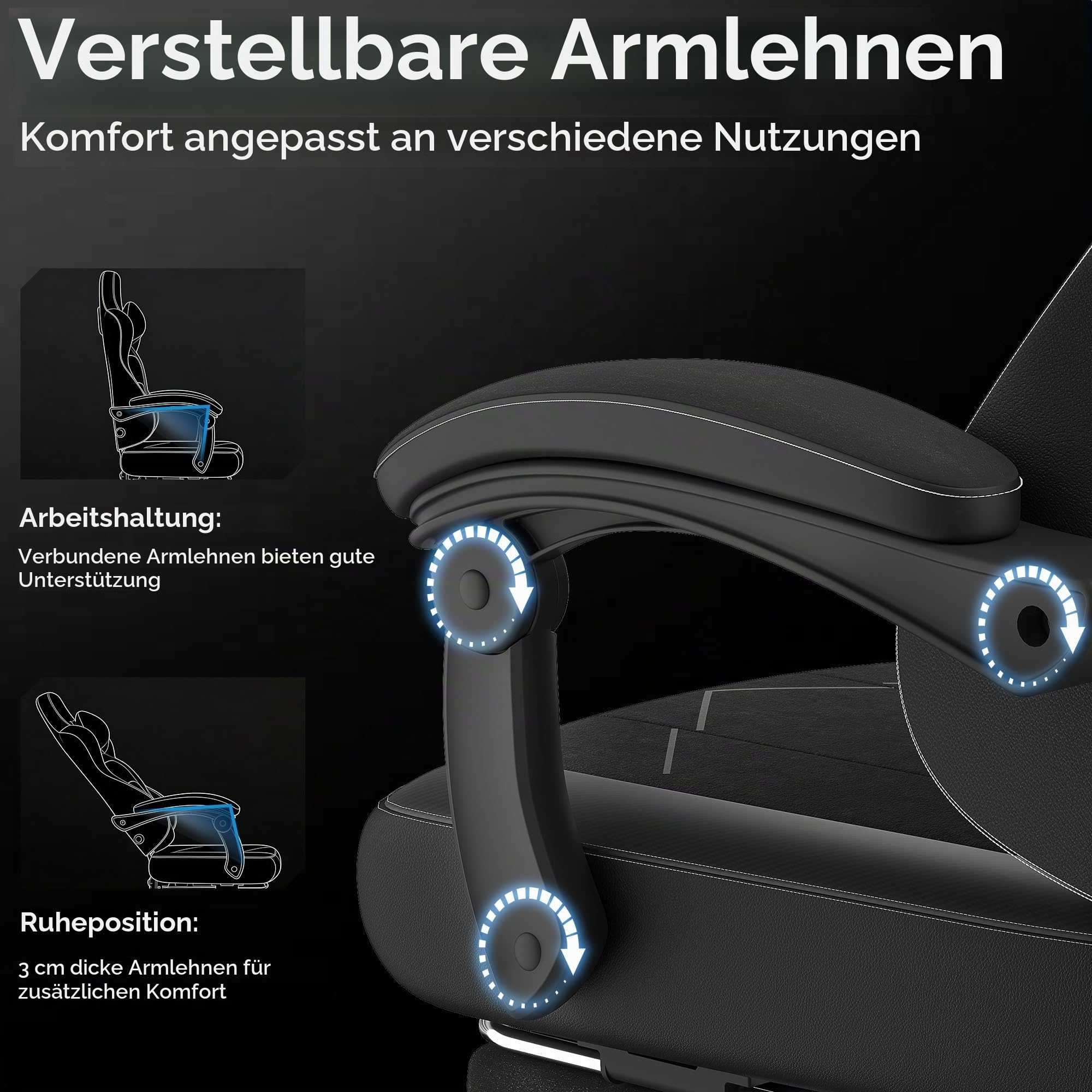 Devoko Gaming Stuhl mit Fußstütze, 2D Armlehnen Ergonomischer Bürostuhl 200kg Belastbar, 52cm Extra Breite Sitzfläche, Atmungsaktiver Stoff Schreibtischstuhl mit Lendenwirbelstütze,Schwarz