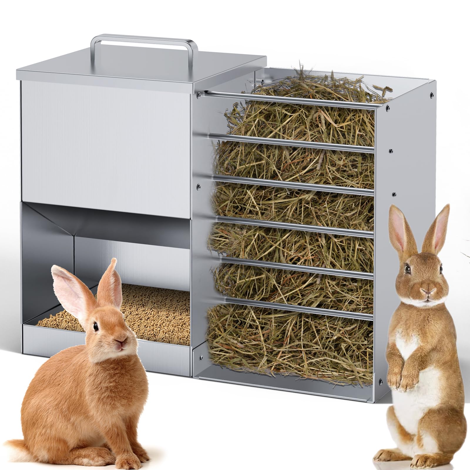 Automatic Rabbit Feeders for Cage Hay Feeder 4.5L Bunny Feeder Stainless Steel Rabbit Food Dispenser for Guinea Pig Squirrel Small Animals Trough