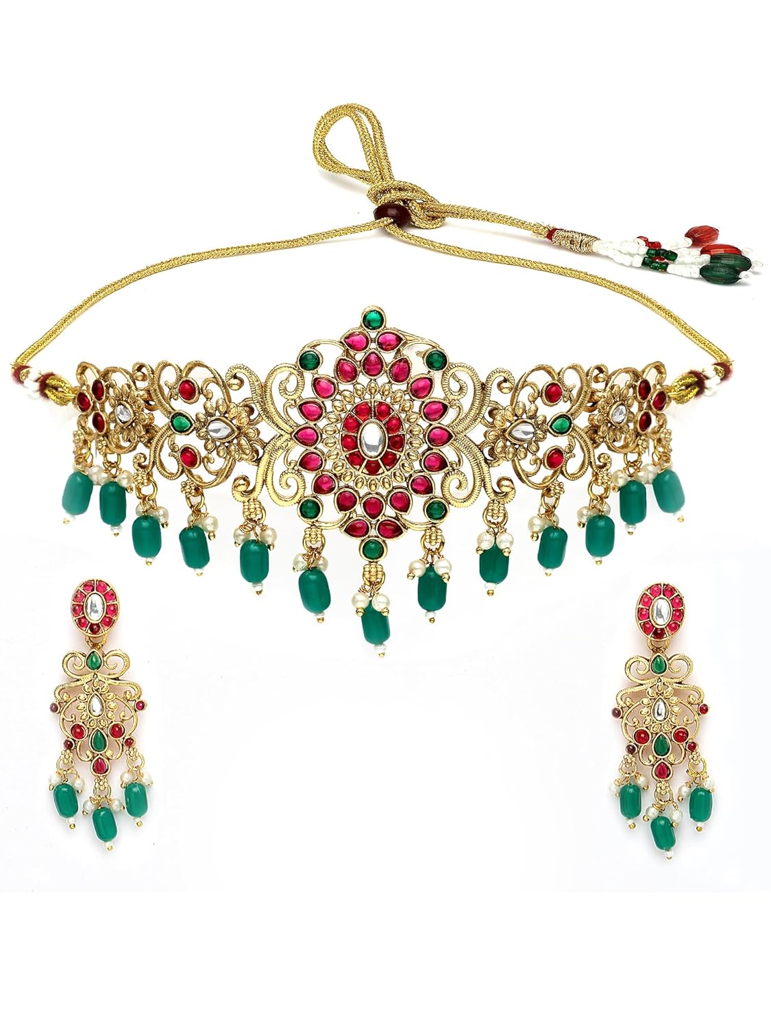 Karatcart Red and Green Stone Gold Plated Floral Temple Jewellery Set for Women