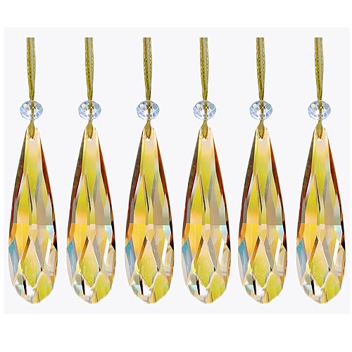 Crystal Glass Christmas Ornaments, 6Pcs Teardrop Prism Hanging Crystals for Christmas Tree,Centerpieces,Wedding,Party Decor (Gold)