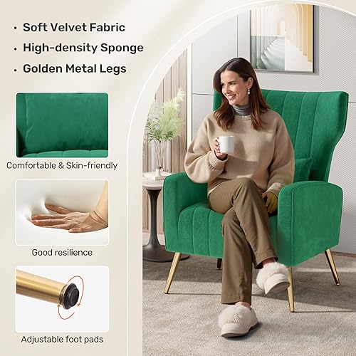 Miniatura 6 de Nalupatio Sillas decorativas modernas para sala de estar, silla de lectura tapizada de tela de terciopelo, sillón de mediados de siglo, sillón