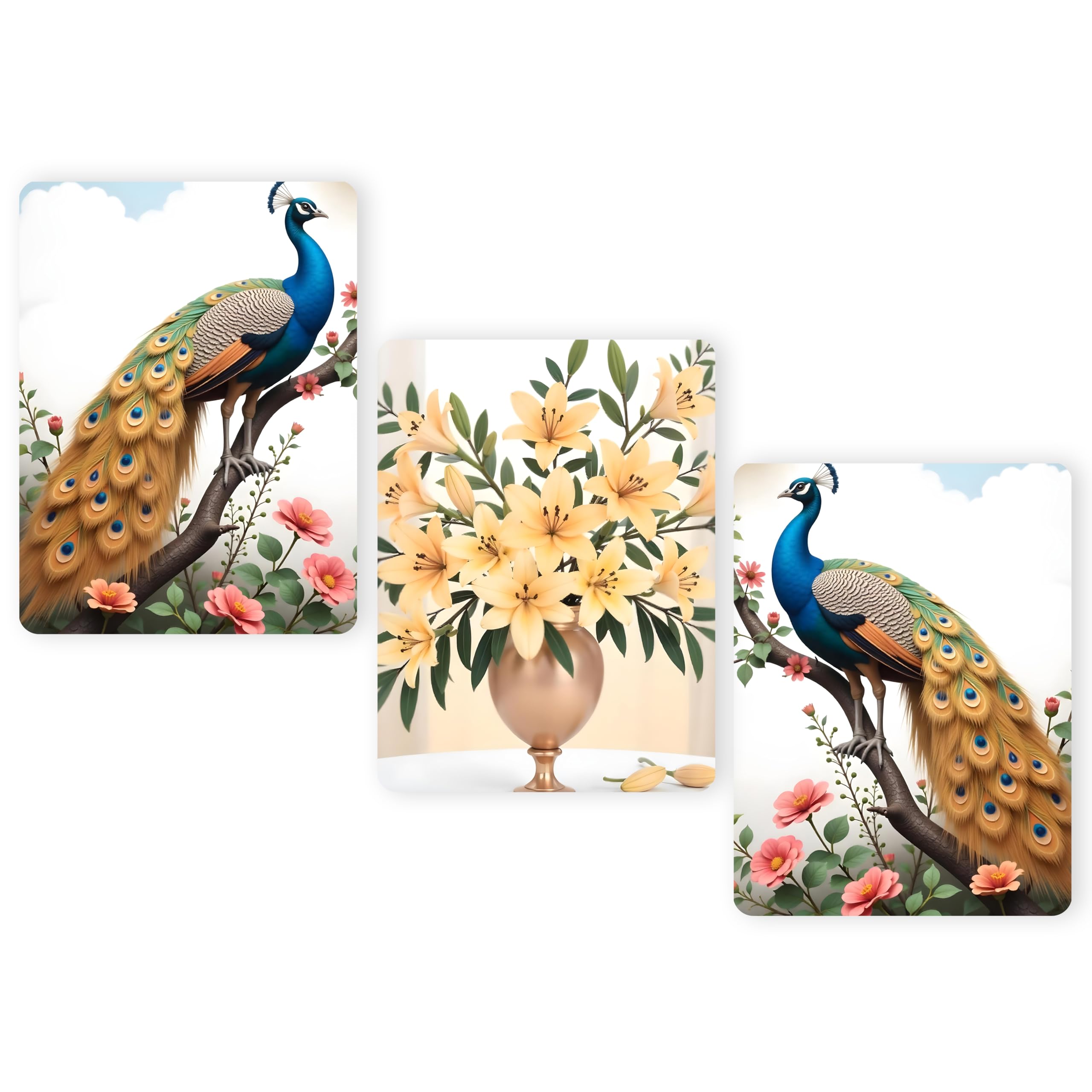 Regalo Casila Vastu-Friendly Wall Decor – 3-Piece Peel & Stick Set with Peacock & Flower Vase Art, Matte Finish Self-Adhesive Panels for Living Room, Bedroom, Office Walls-image-46