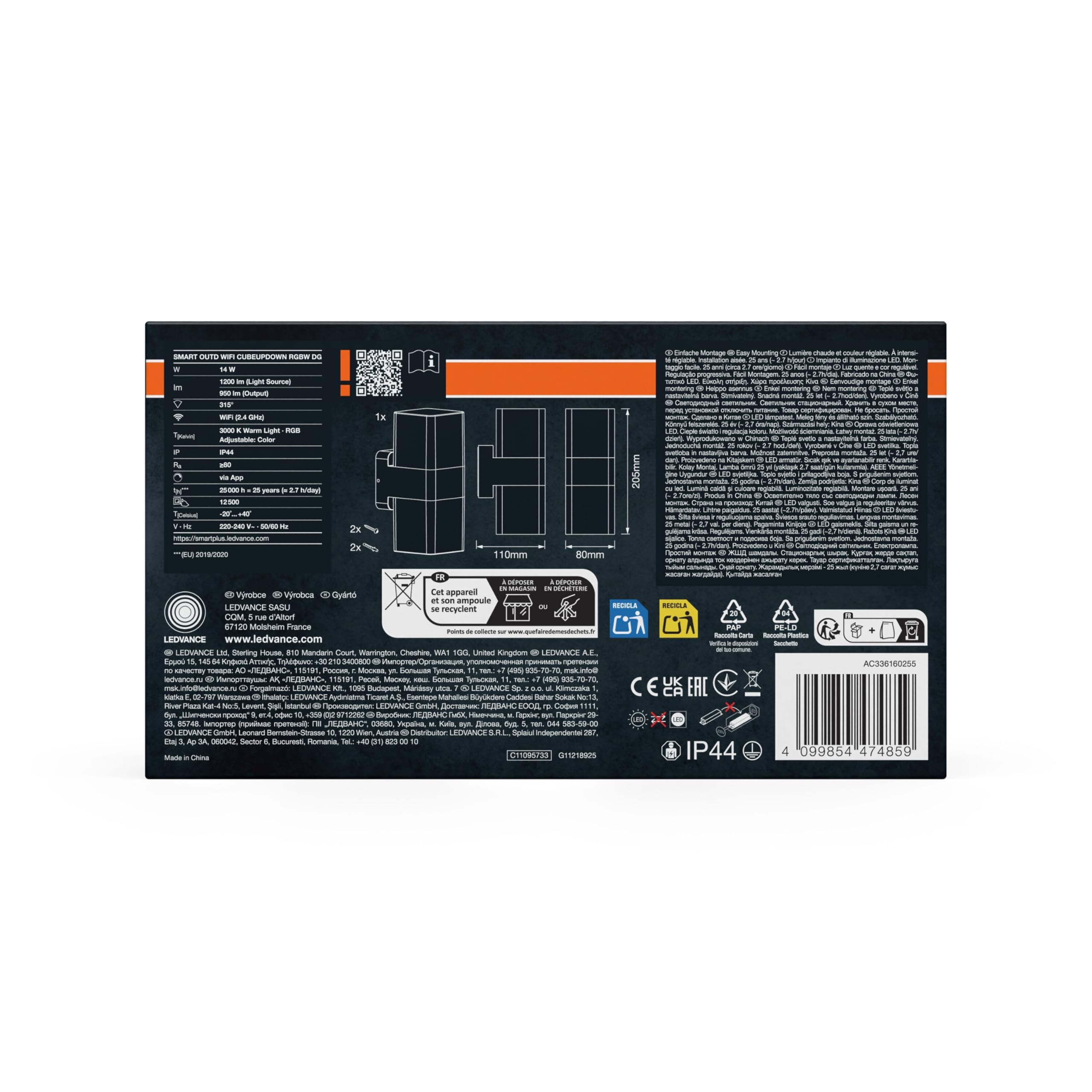 OSRAM SMART+ WiFi Cubo Su/Giù Applique LED Grigio scuro, 14W, 950lm, RGB+W 3000K, WiFi, Alexa, IP44 Esterno