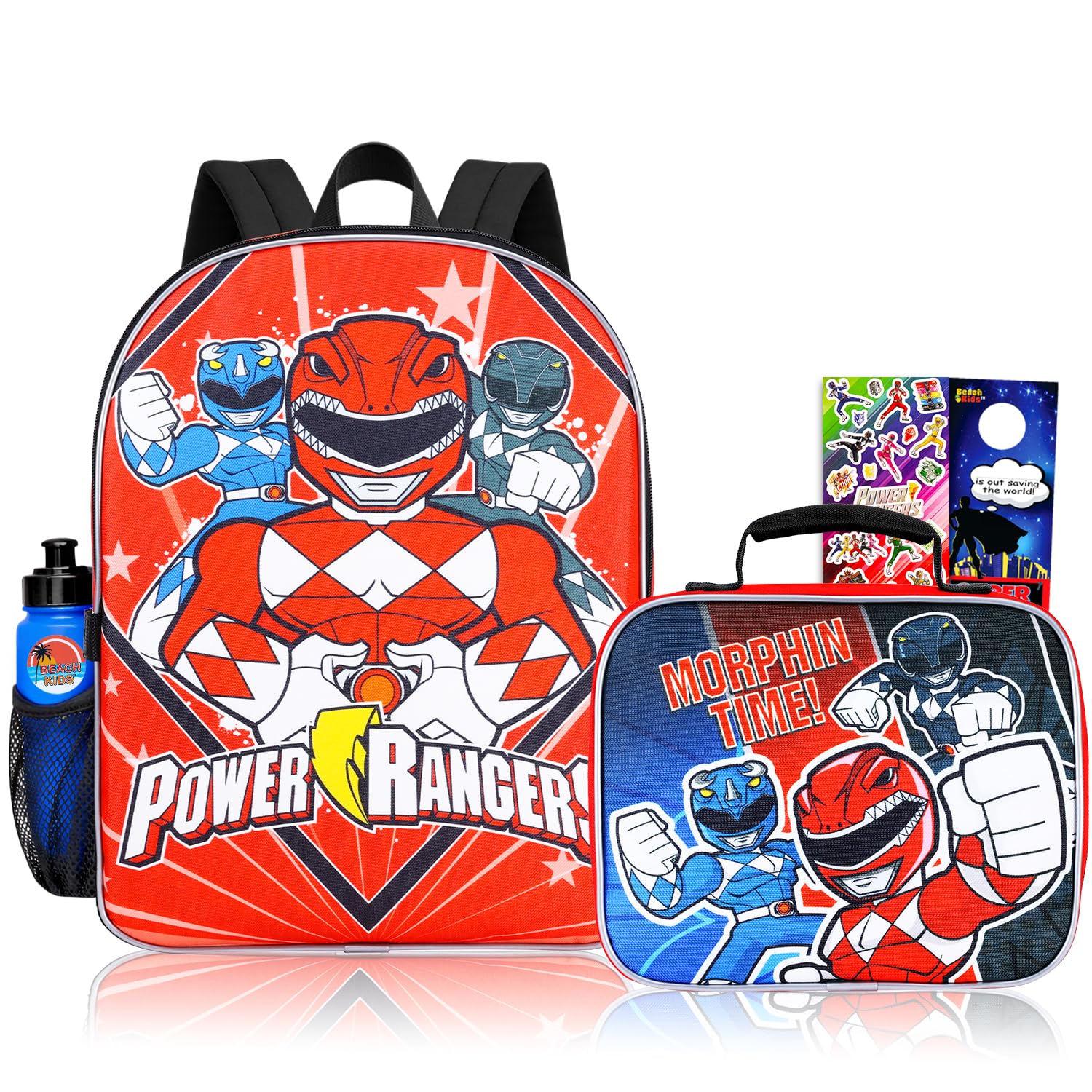 Power Rangers Backpack with Lunchbox Set for Boys School Bundle + More | 15in Large Power Rangers Bookbag w/ Insulated Lunch Box Plus Water Bottle, Stickers, More