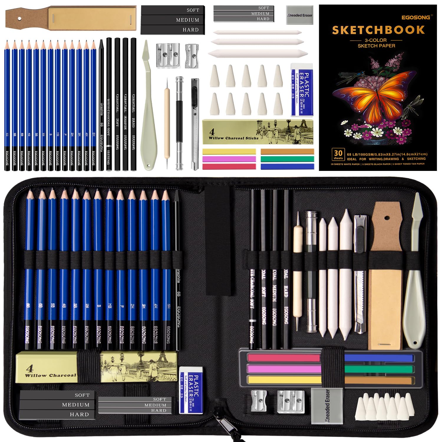 EGOSONG Drawing Set Sketch Pencils Kit,57 Pieces Sketching Supplies with 3-Color Sketchbook,Graphite,Charcoal Pencil and Sticks,Pro Art Supplies Kit for Artists Adults Teens Beginners Kids