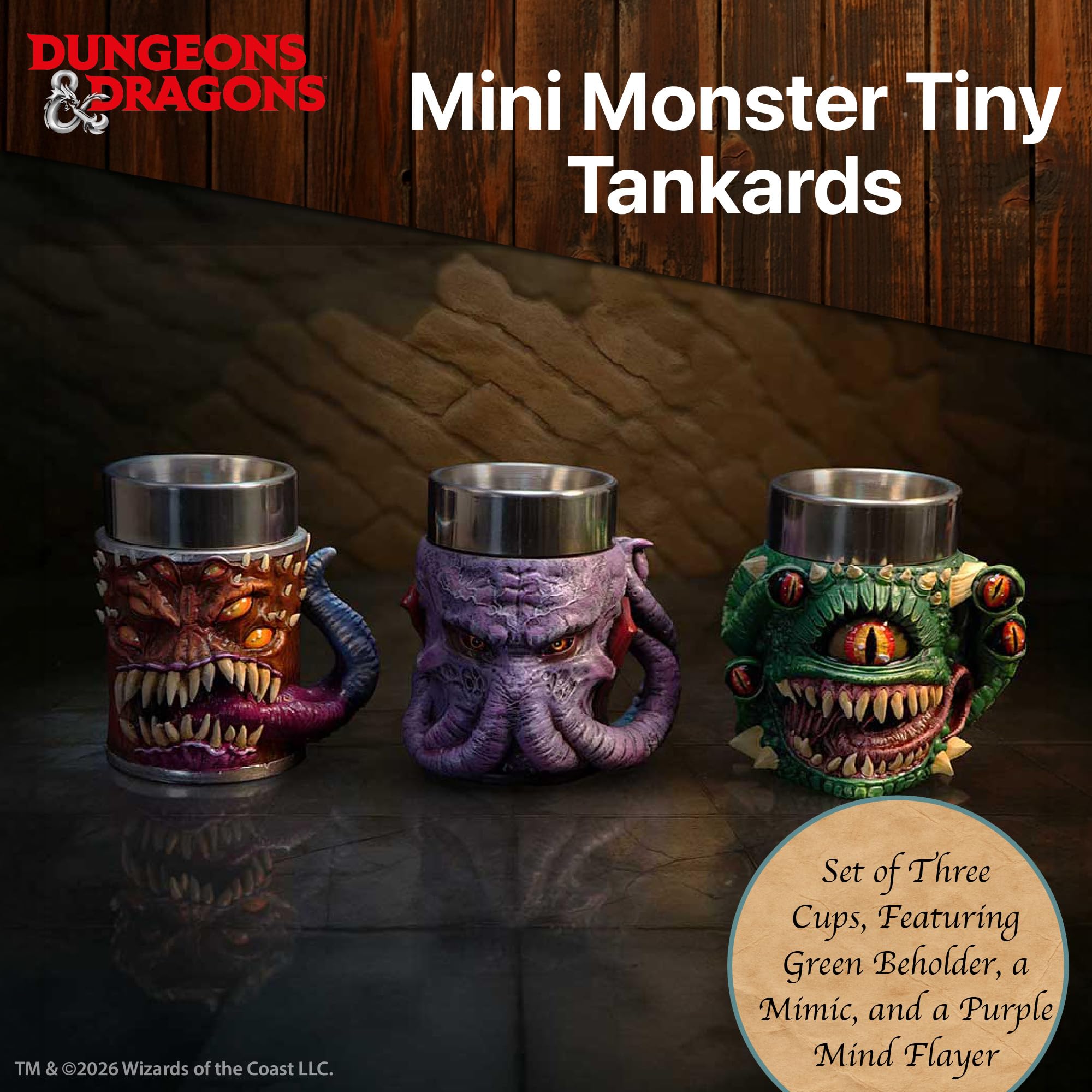 Nemesis Now Dungeons & Dragons - Juego de 3 jarras pequeñas de 8,6 cm | D&D Drinkware, insertos de acero inoxidable, resina pintada a mano, juego de tazas de fantasía