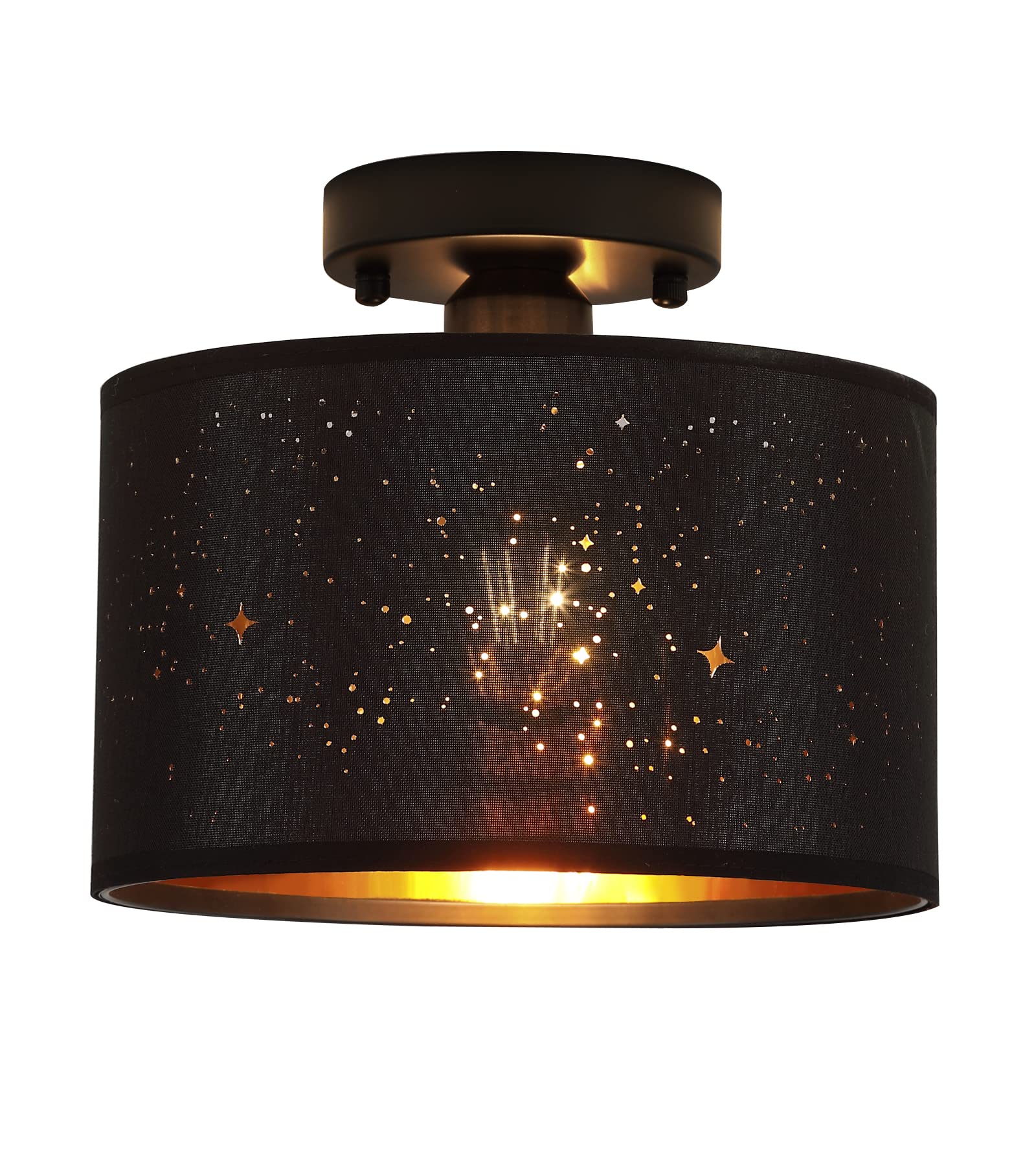 AMZASA Semi Flush Mount Ceiling Light Fixture Modern Industrial Black Drum Fabric Shade with Sparkling Star Effect Mini Close to Ceiling Lamps for Hallway Entryway Laundry Room Bedroom