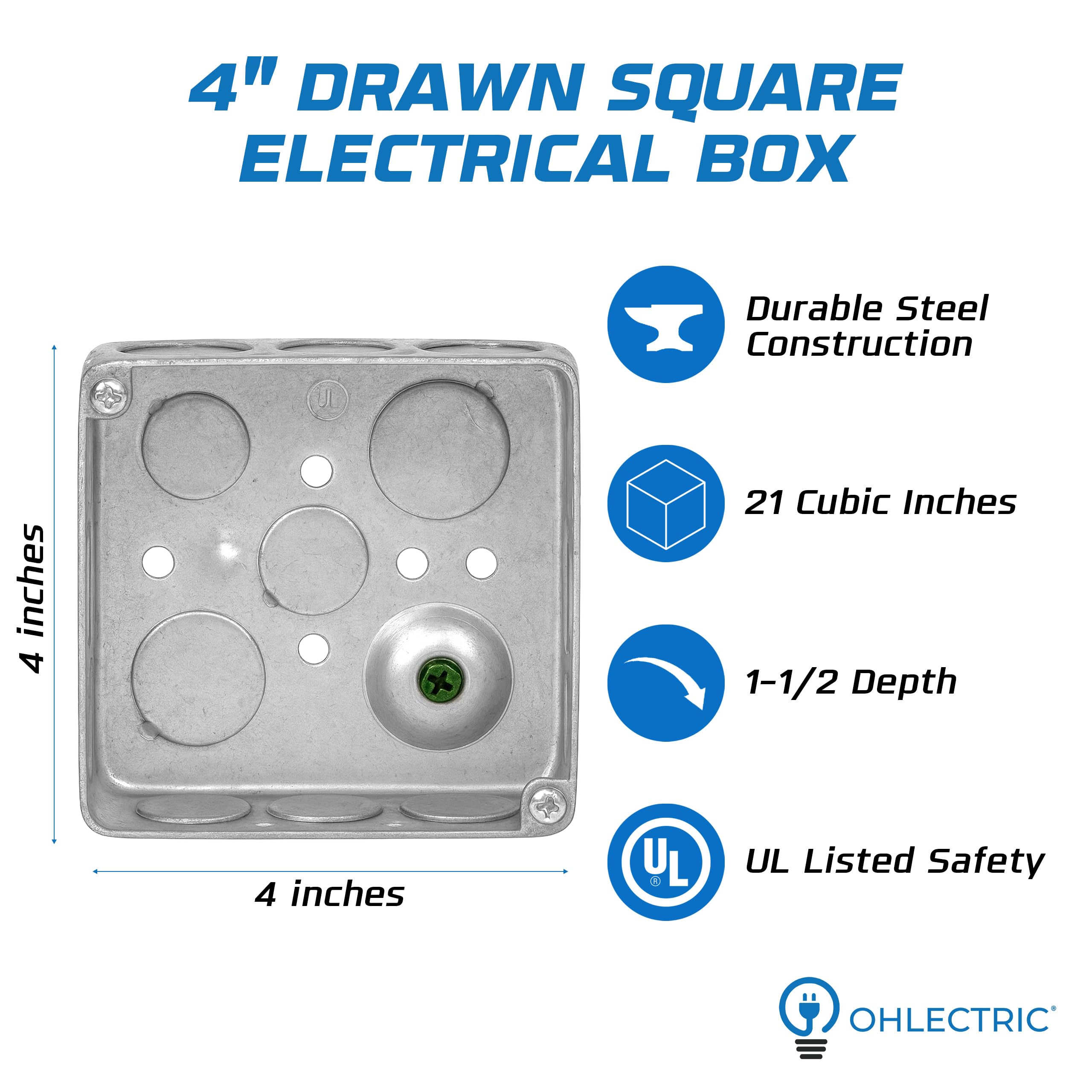 OHLECTRIC Lot de 10 boîtes de jonction électrique de 10,2 x 10,2 cm de profondeur 21 cu. Boîtes de sortie en métal robustes de 10,2 cm, boîte électrique en acier pour double prise duplex, boîte