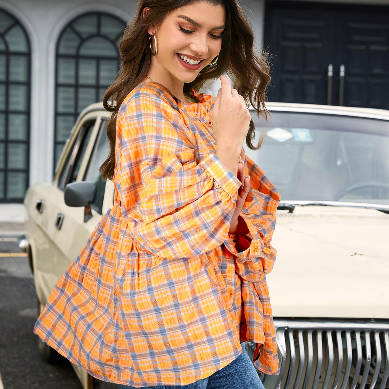 Women's 3/4 Length Sleeve Button Down Blouse, One Size, Plaid Design, Casual Summer Top, Relaxed fit - Image 6