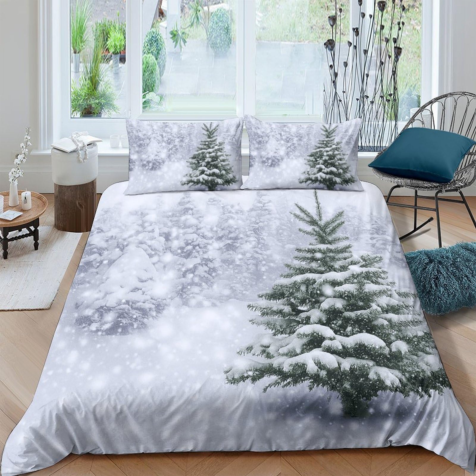 GPLZQXKJNH 3D Printed Snowy Pine Forest Duvet Cover Microfiber Soft Breathable Winter Scene Bedding Set with 2 Pillowcases for Bedroom Apartment Single（135x200cm）