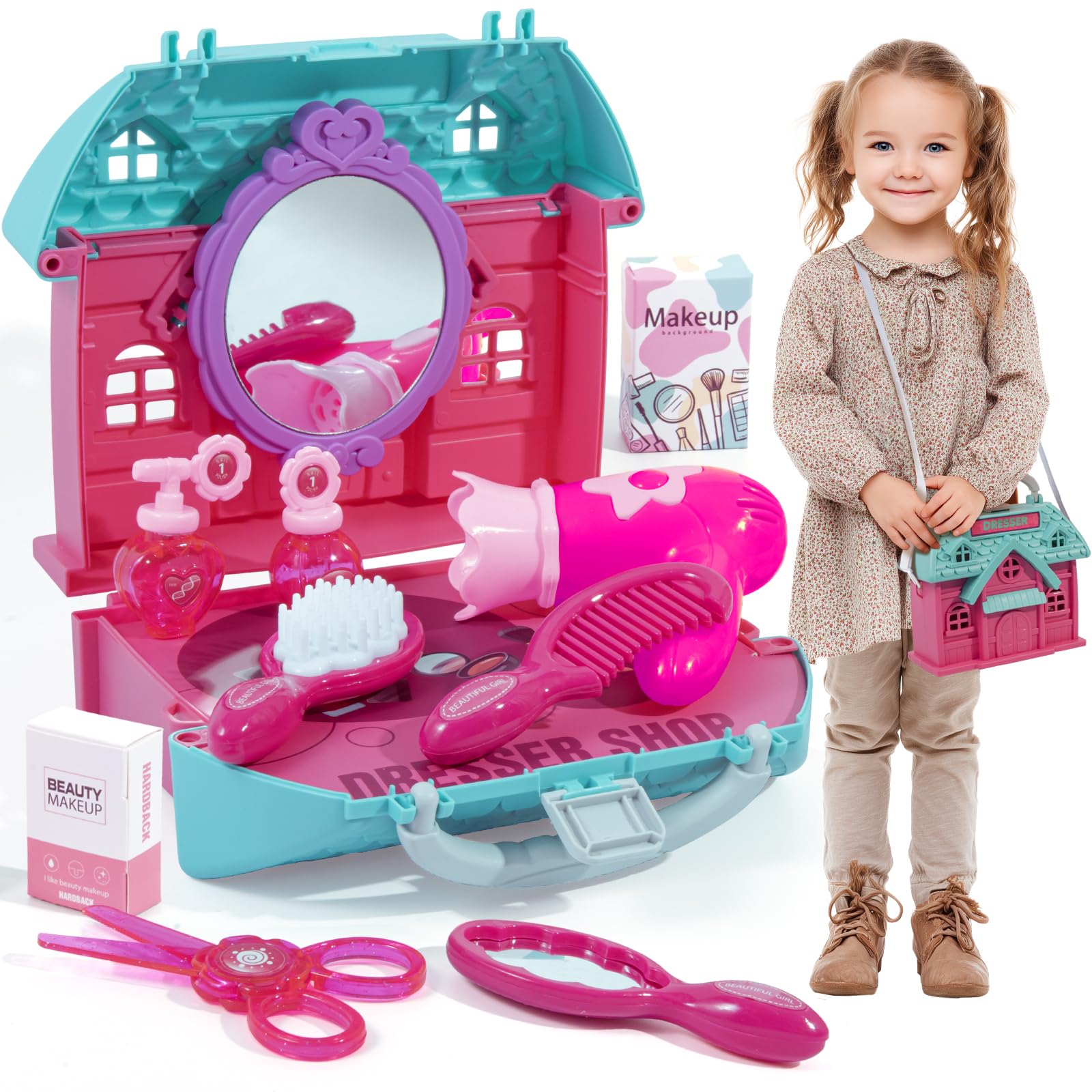 14Pcs Portable Salon Set, Pretend Play Doll Hair Stylist Toy Kit with  Hairdryer, Mirror, Toy Scissors, Hair Conditioner Fun Accessories for Kids