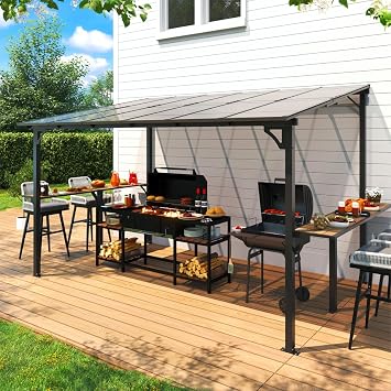 MEISSALIVVE 8 x 12 Wall Mounted Gazebo, Outdoor BBQ Grill Gazebo with Side Shelf, Lean to Metal Awnings with Sloped Roof, Heavy Duty Pergola for Backyard, Deck, Black