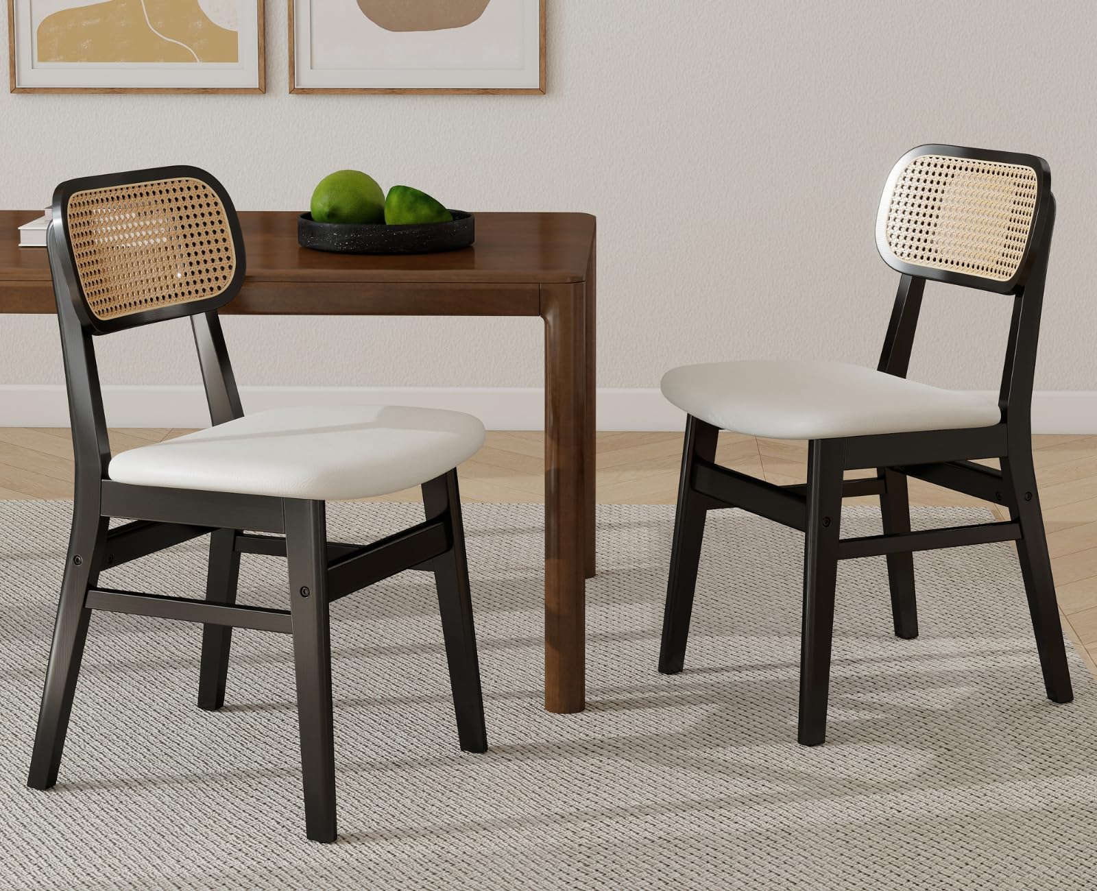 Shunzhi Rattan Dining Chairs Set of 2 White PU Leather Dining Room Chairs with Cane Back Mid Century Modern Farmhouse Kitchen Chairs Wooden