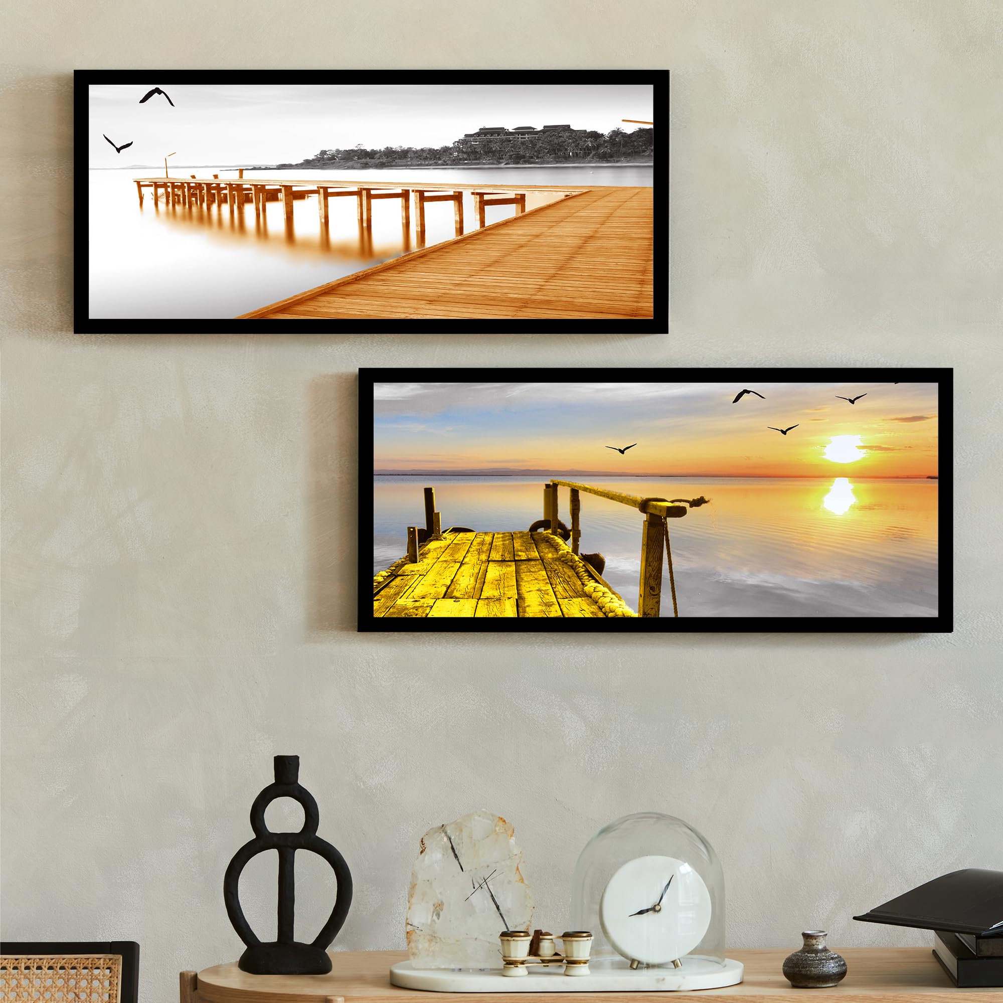 Painting Mantra Landscape Peir Sunrise on Water Poster Framed Art Print for Living Room, Decorative Home & Wall Decor - Set of 2 (Black Frame, 8x18 Inch) (B0CF57C6KQ) Amazon Price History, Amazon Price Tracker