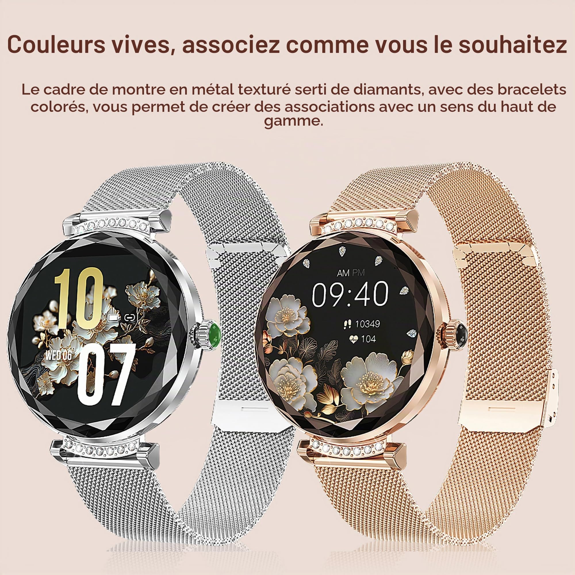 Montres Connectées Femme avec Tension Artérielle/Réponse aux Appels/Rythme Cardiaque/Pas/Sommeil/Multisports/Étanche IP68, Tracker Fitness 1,19" pour iOS Android (Argent avec Diamants)