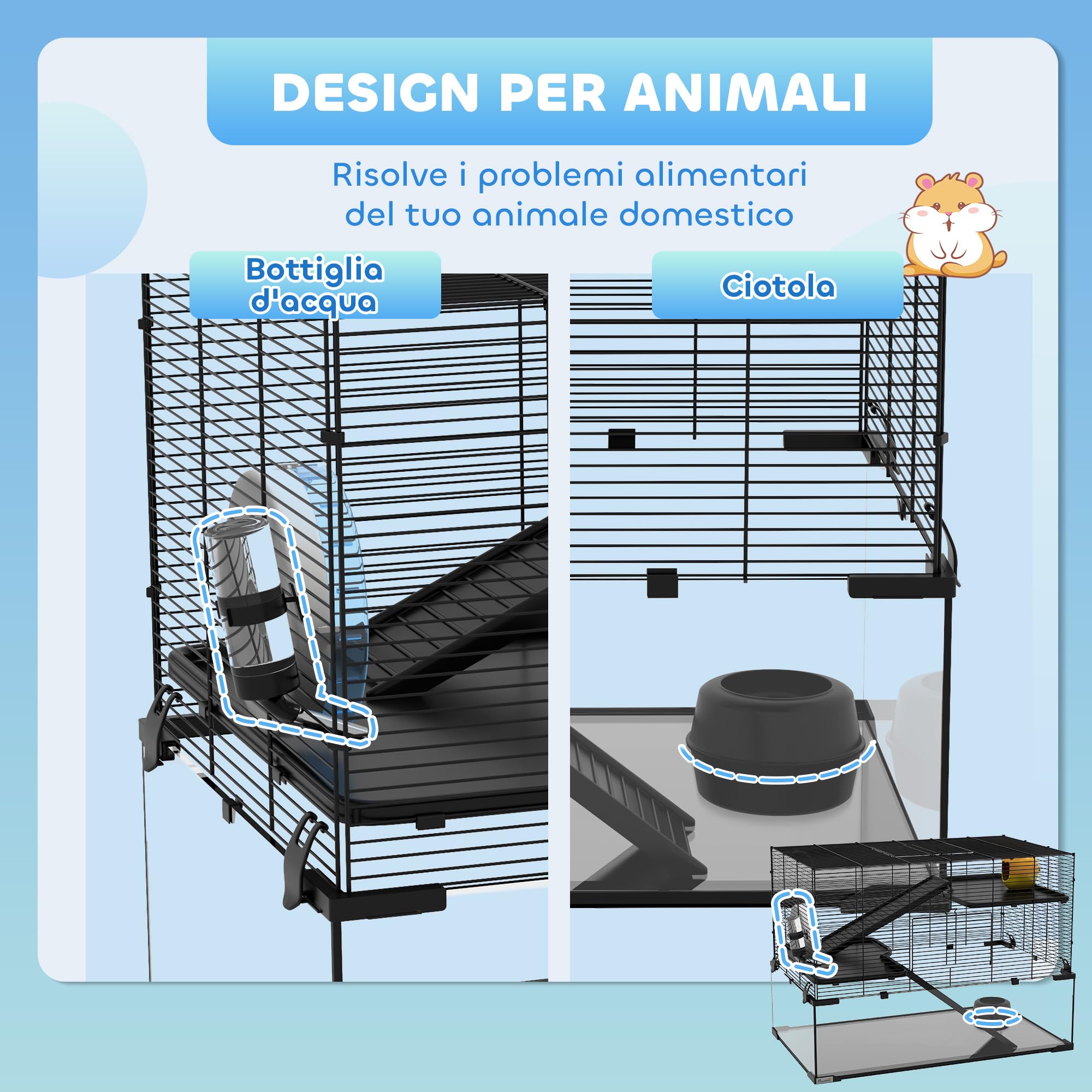 PawHut Gabbia per Criceti, Gabbietta per Criceti, Gerbilli e Piccoli Animali in Filo d'acciaio e Vetro con Ruota, Piattaforme, Rampe, Base Rimovibile, Beverino e Mangiatoia, 76.5x48.5x54.5 cm, Nero