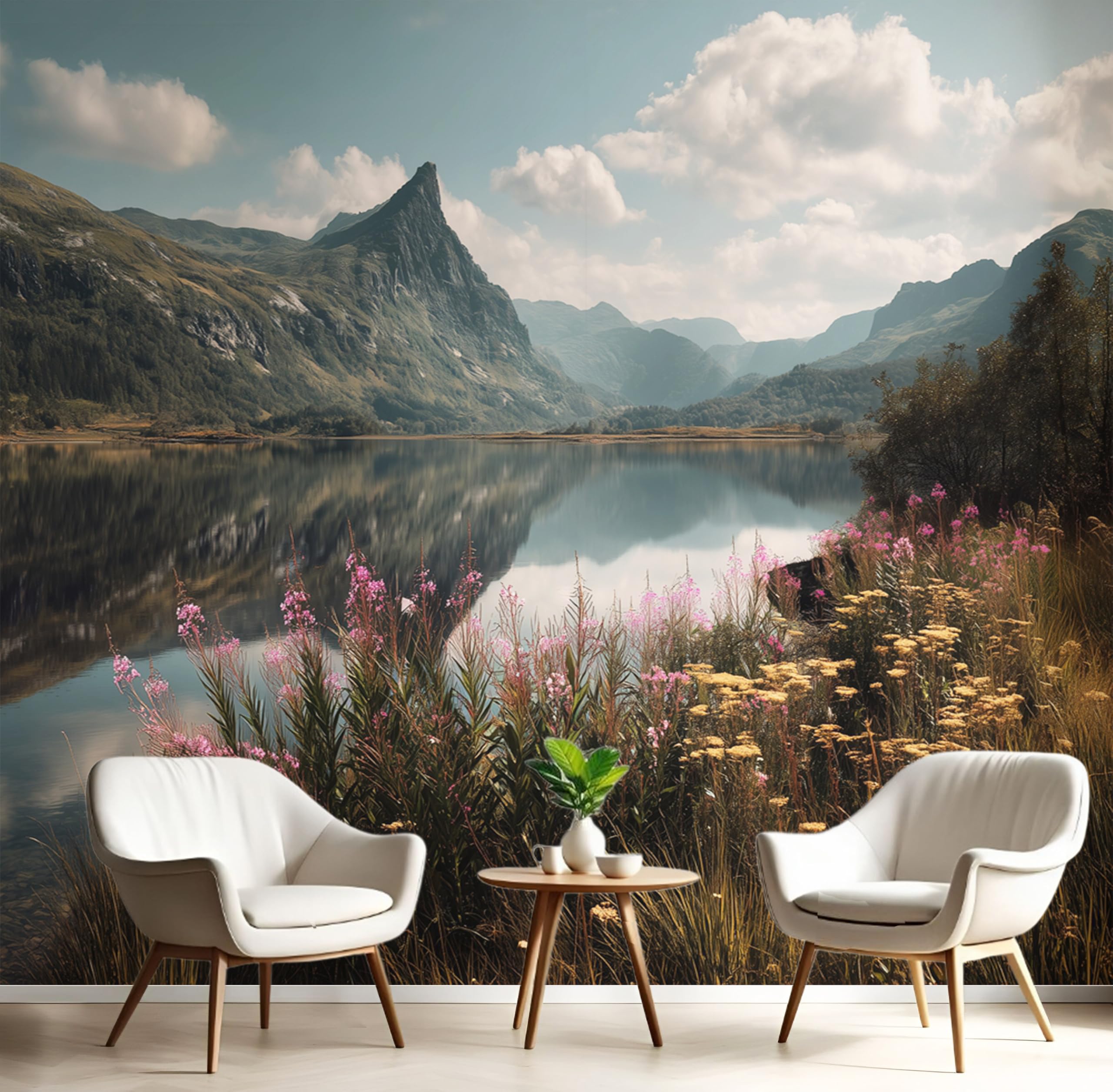 Papier peint panoramique haut de gamme paysage de lacs et montagnes décoration hôtel de luxe