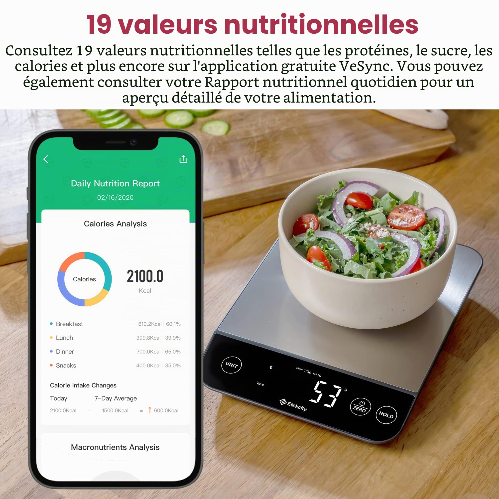 Etekcity Luminary Balance numérique de cuisine Bluetooth 10 kg, étanche, rechargeable, onces et grammes pour la perte de poids, la cuisine, acier inoxydable 304