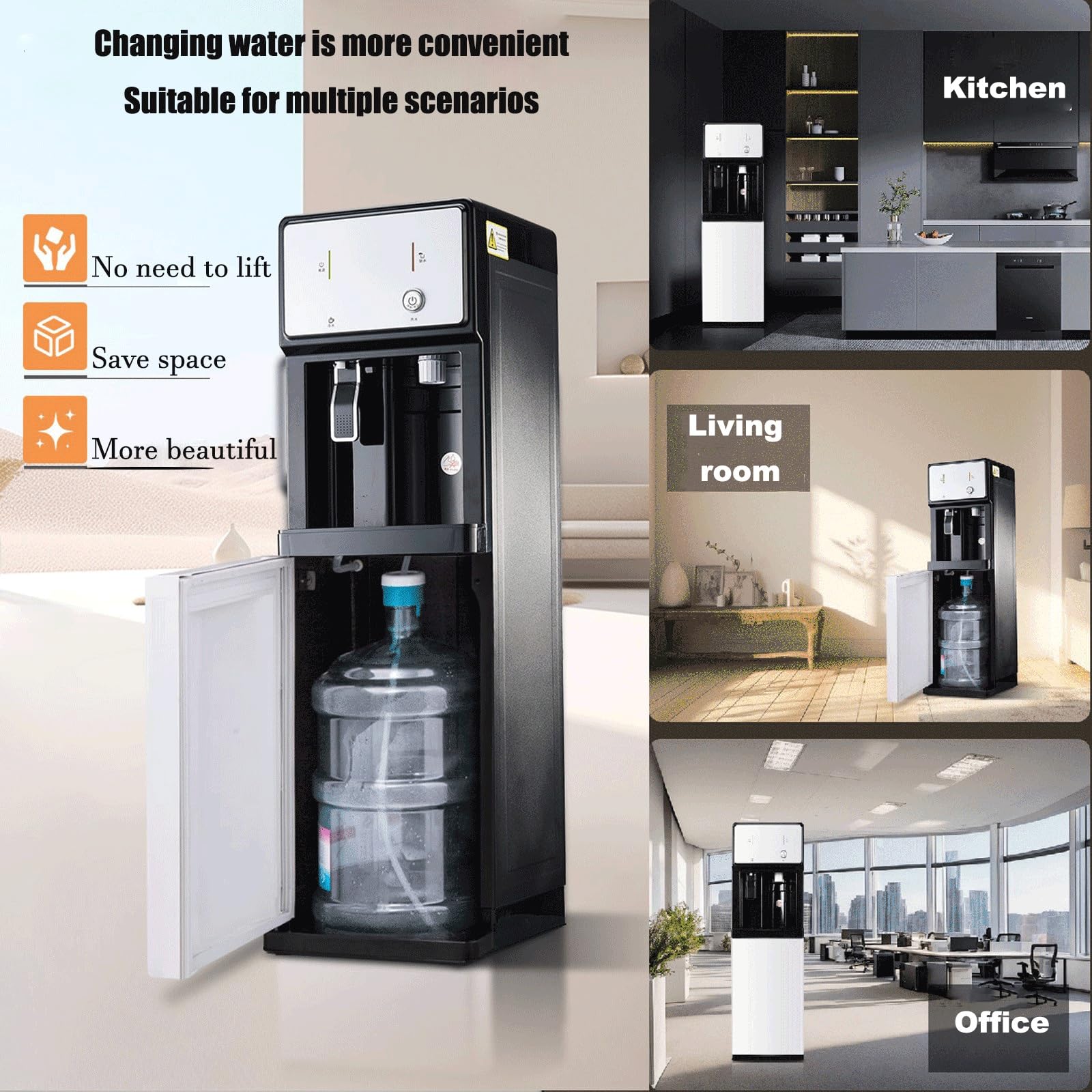 Distributore d'acqua a caricamento automatico, refrigeratore d'acqua a pavimento con uscite for acqua calda, a temperatura ambiente e fredda for bottiglie da 3 o 5 galloni.