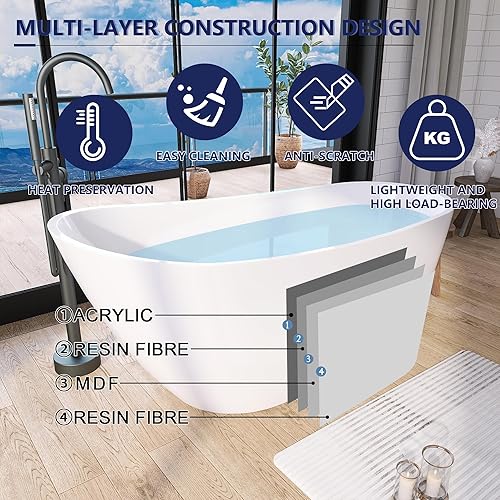 Miniatura 3 de Bañera independiente de 61 pulgadas, bañeras de remojo con desbordamiento y drenaje integrados, certificado cUPC, bañera blanca acrílica (YI-1255)