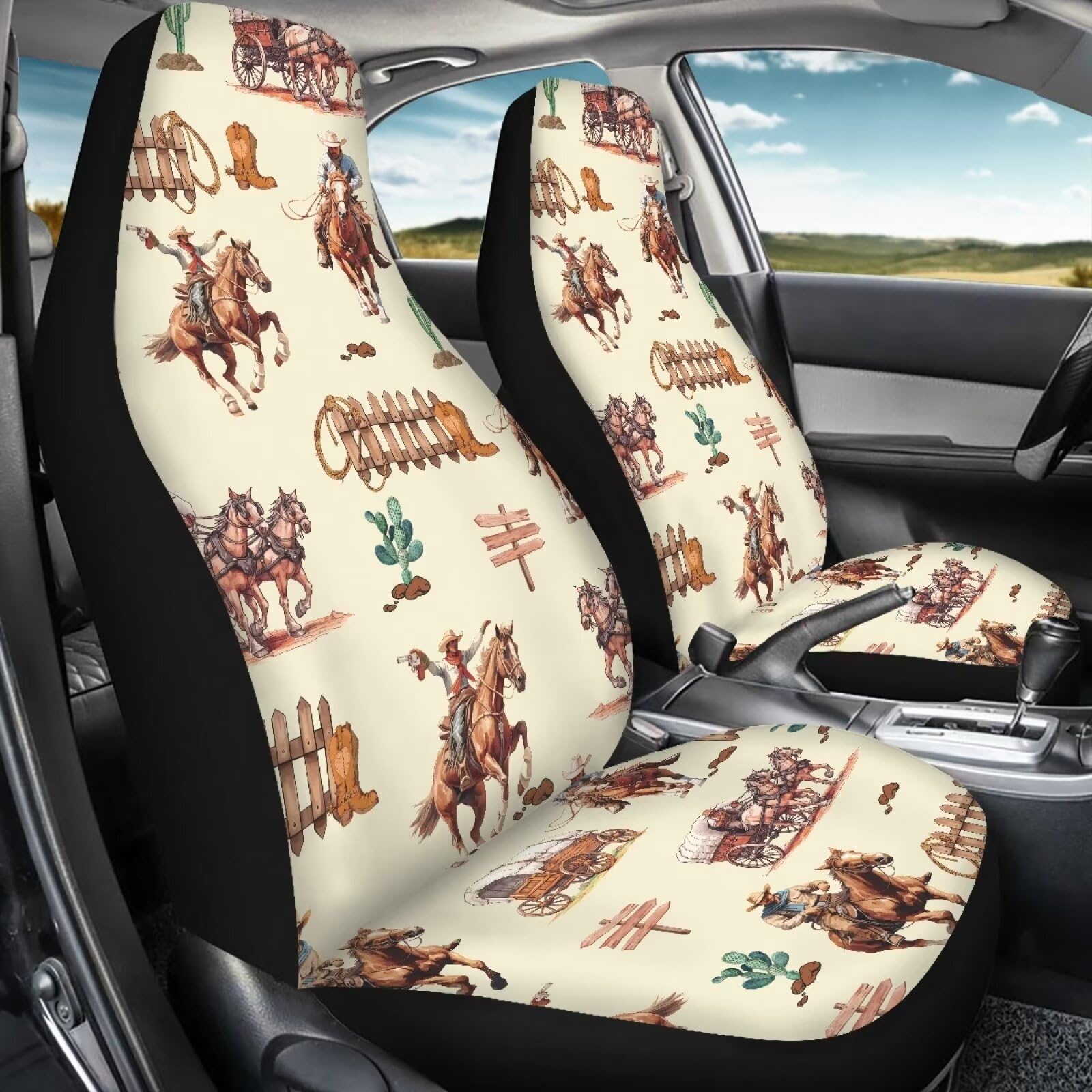 Salabomia Western Cowboy Car Seat Cover for Women Men, Durable Seat Cover for Cars Universal Fit 2 Piece Stretchy Breathable Bucket Vehicles Seat Cover Front Seats for SUV Cars, Yellow and Brown