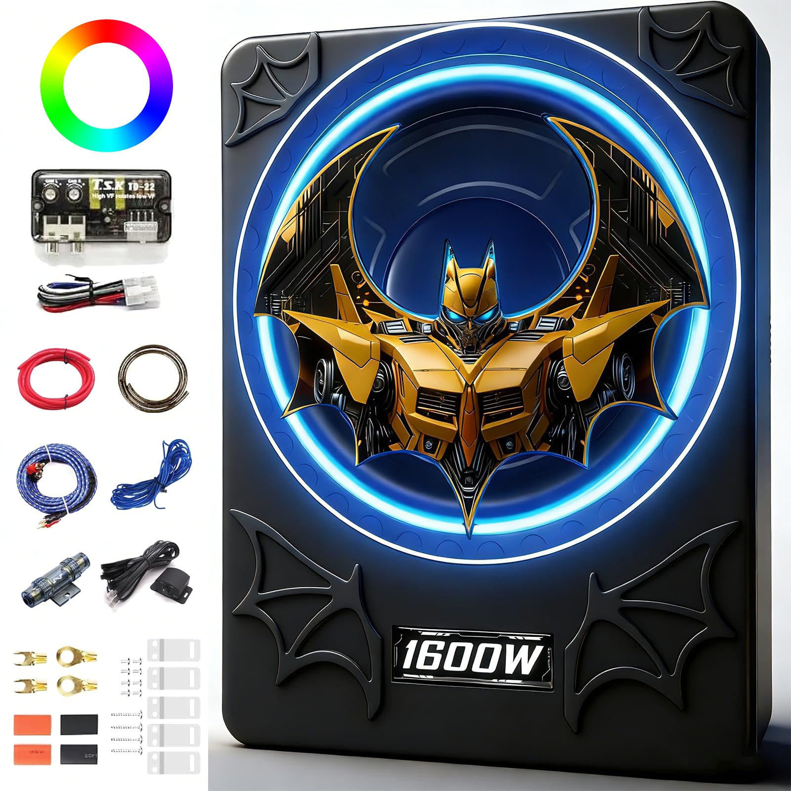 1600W Slim UnderSeat Subwoofer and Amp Package, Powered Car Subwoofer with Built-in Amp, Cast Aluminum Underseat Subwoofer with RGB Ambient Light Switch, Deep Subsonic Bass for Car/Truck/SUV