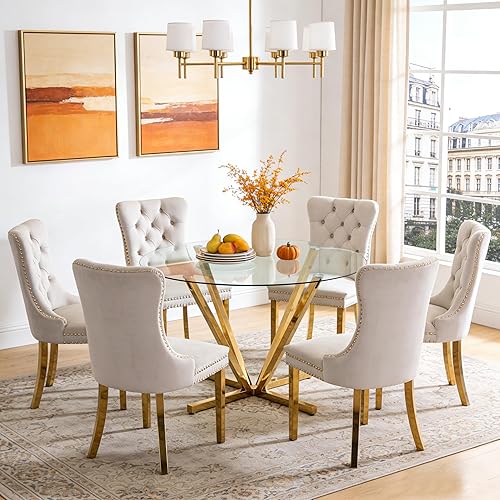 Miniatura 21 de Juego de mesa de comedor de cristal negro de lujo moderno de 45 pulgadas para 6, 7 piezas redondas de vidrio templado para cocina y comedor con Mesa