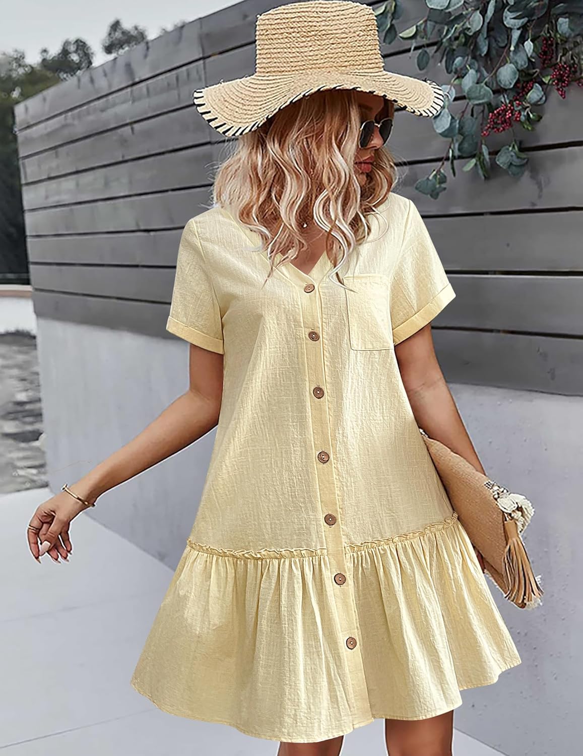 HOTOUCH Women Cotton Dress Summer Casual Loose Fit Dresses Oversized Button Front Dress Short Sleeve Ruffle Sundress, Beige XXL - Image 2