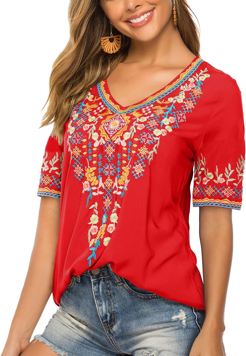 Women's Mexican Embroidered Boho Top - 3/4 Sleeve Peasant Blouse - View #11