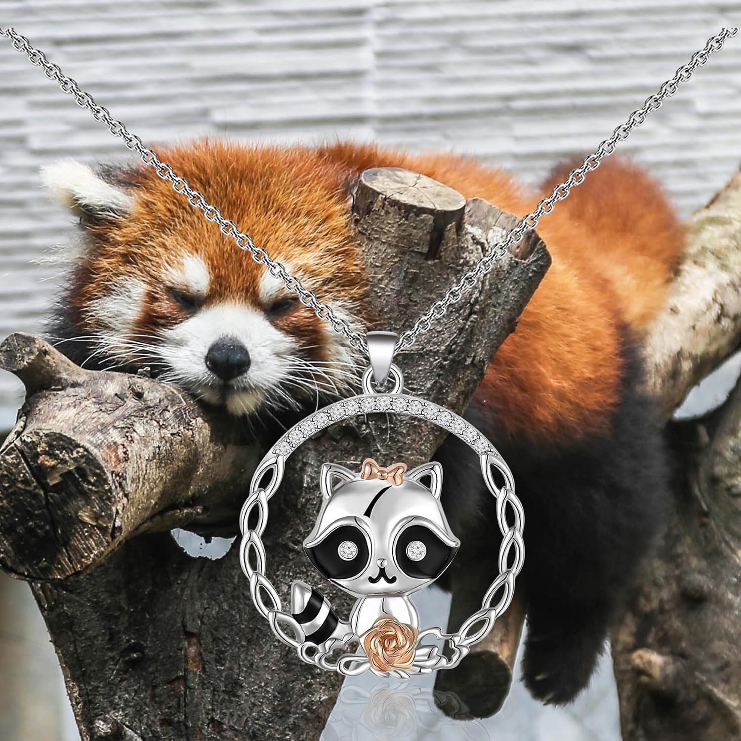 HOLLP Raccoon Lover Necklace Funny Animal Pendant Gift Cute Raccoon Hollow Necklaces Raccoon Totem Jewelry With Card