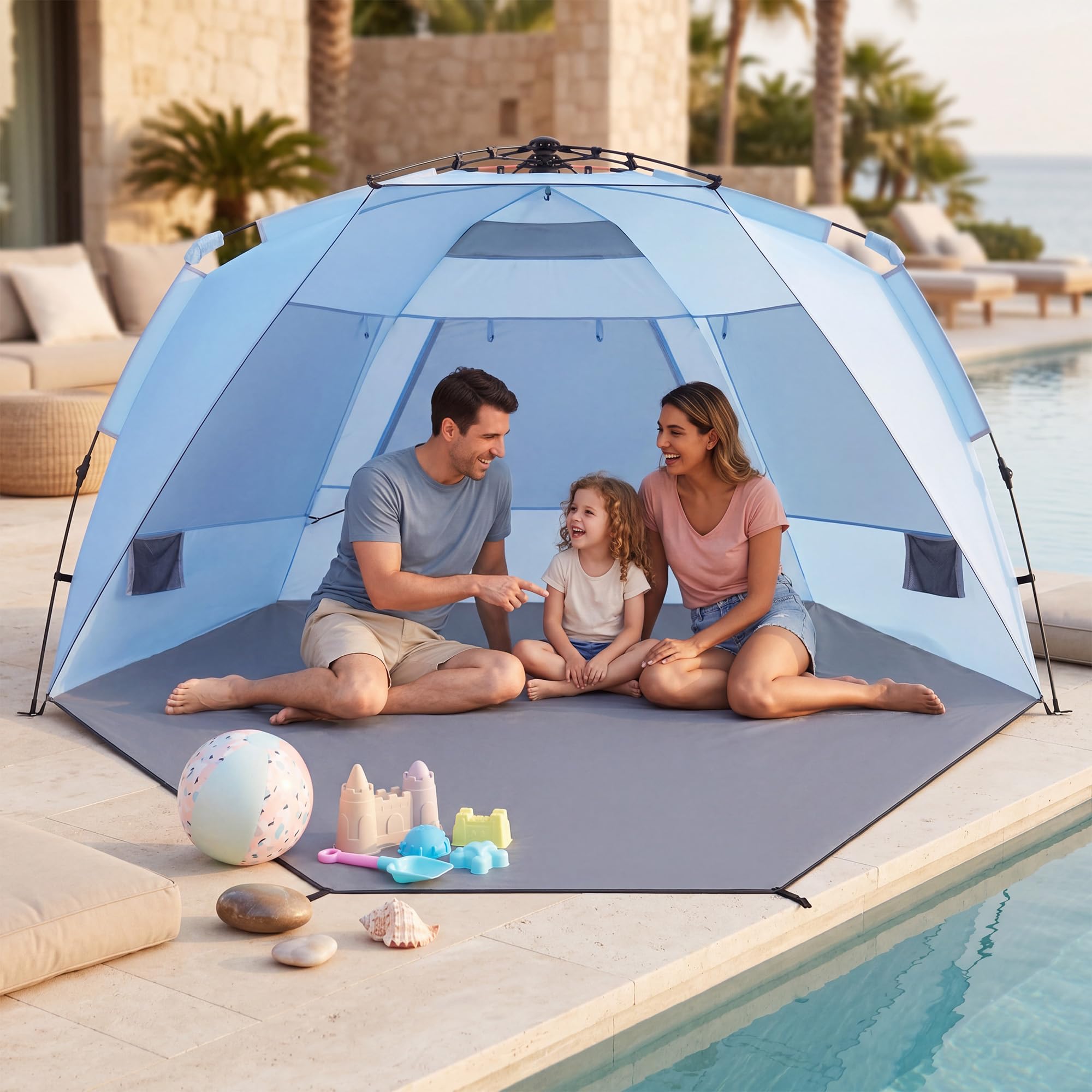 HOMASIS Tenda da Spiaggia a 3 Posti, Tenda Pieghevole Pop up Resistente e Antivento con Finestre e Tasce, in Tessuto Impermeabile, con Borsa da Trasporto, per Campeggio e Mare, 278 x 140 x 160 cm, Blu