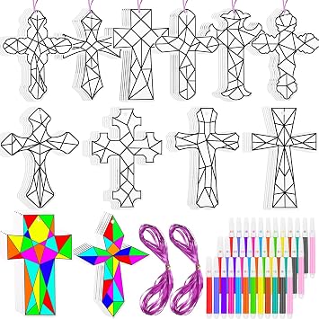 Motipuns Easter Religious Cross Crafts Kit with Watercolor Pen, Color Your Own Christian Art Kit Easter DIY Craft Ornaments for Sunday School Classroom Church Art Craft